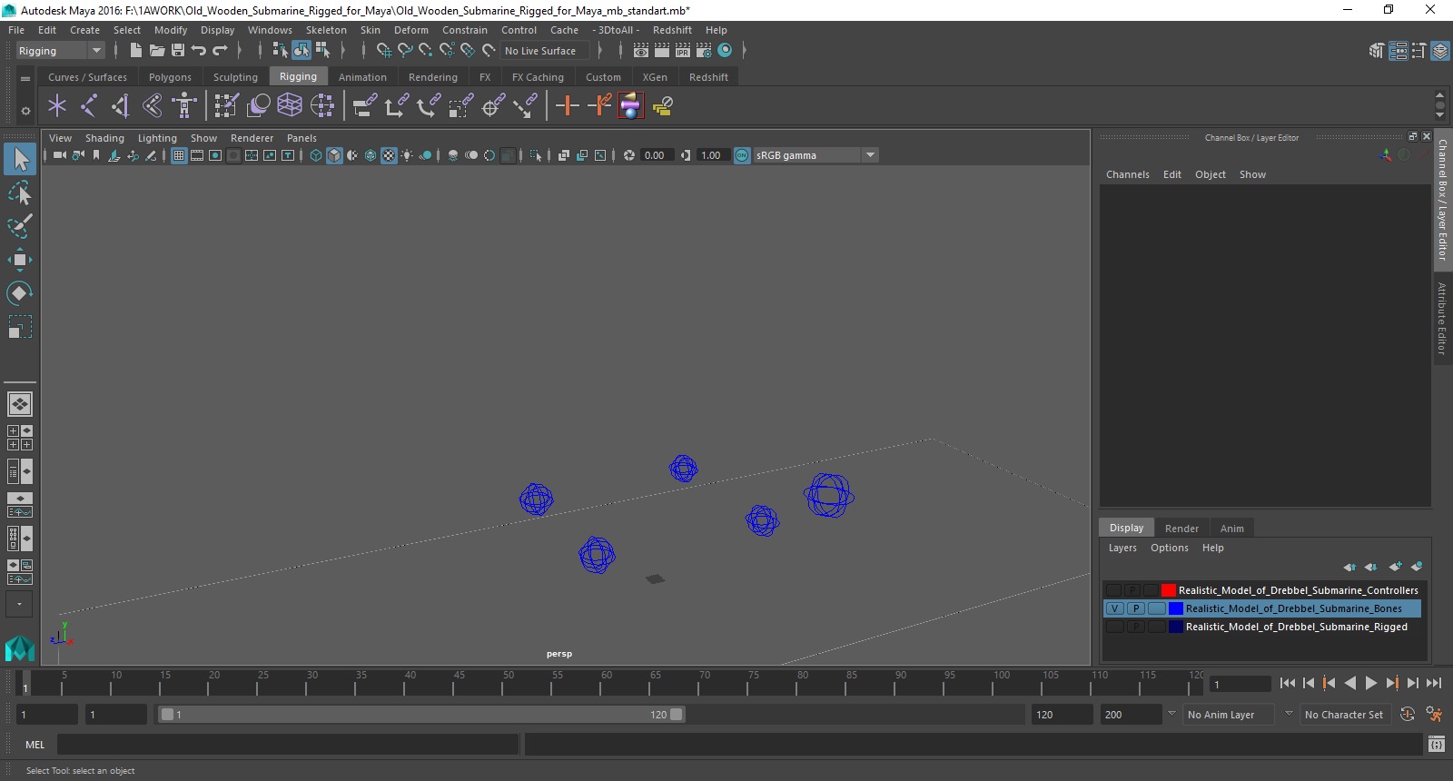 3D Old Wooden Submarine Rigged for Maya