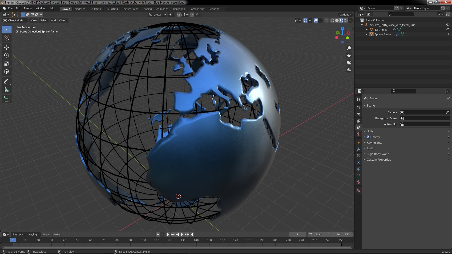 3D Stylized Earth Globe with Metal Blue