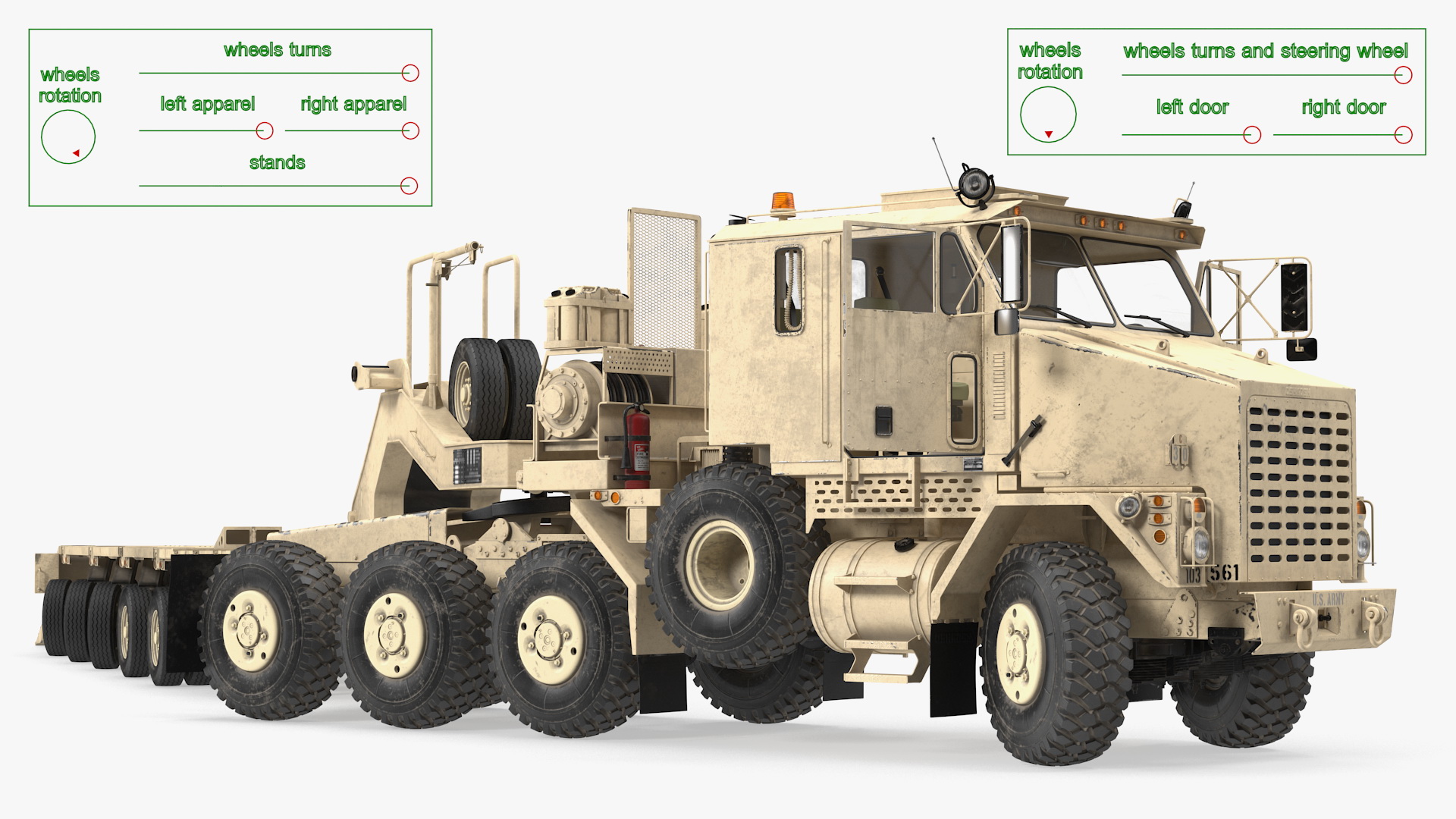 3D model Oshkosh M1070 Truck Tractor with M1000 HET Semi-Trailer Desert Dirty Rigged