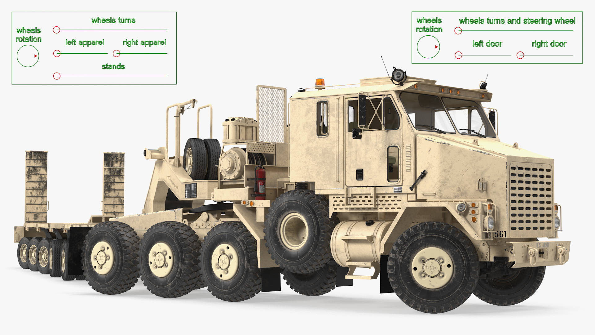 3D model Oshkosh M1070 Truck Tractor with M1000 HET Semi-Trailer Desert Dirty Rigged