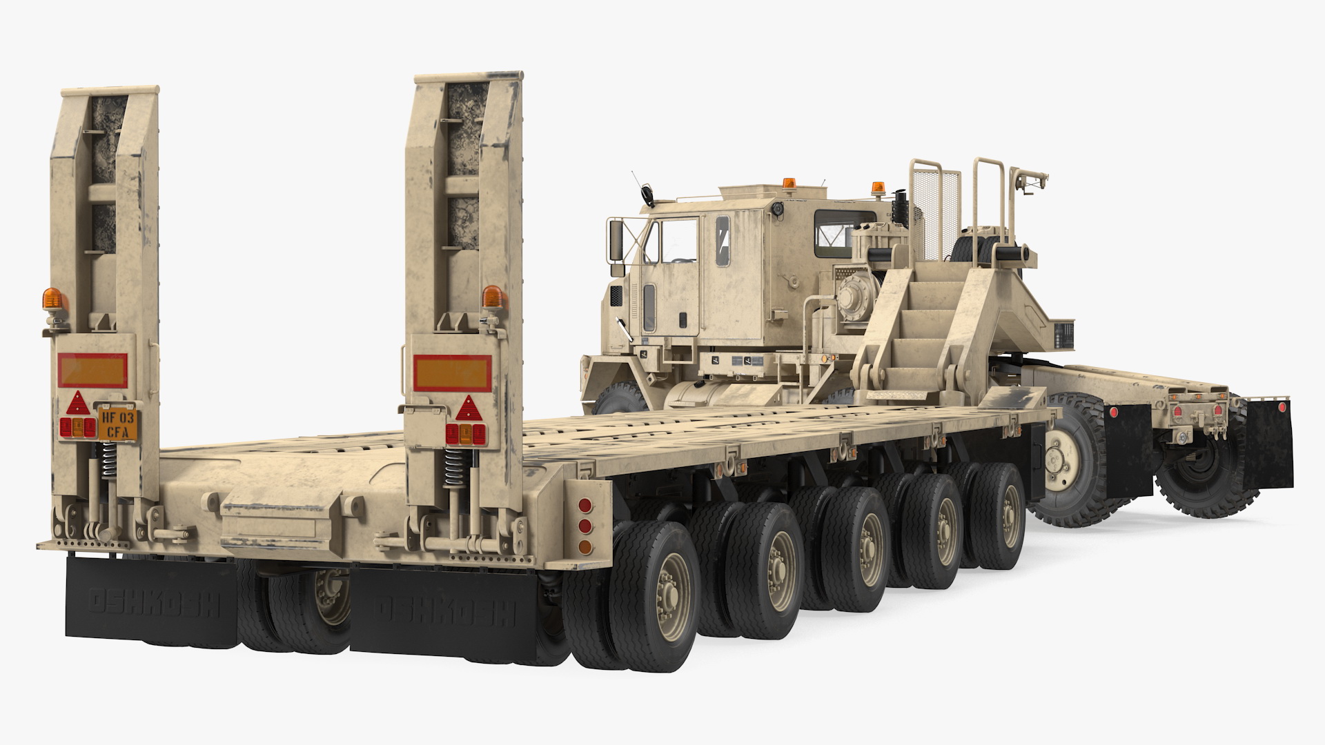 3D model Oshkosh M1070 Truck Tractor with M1000 HET Semi-Trailer Desert Dirty Rigged