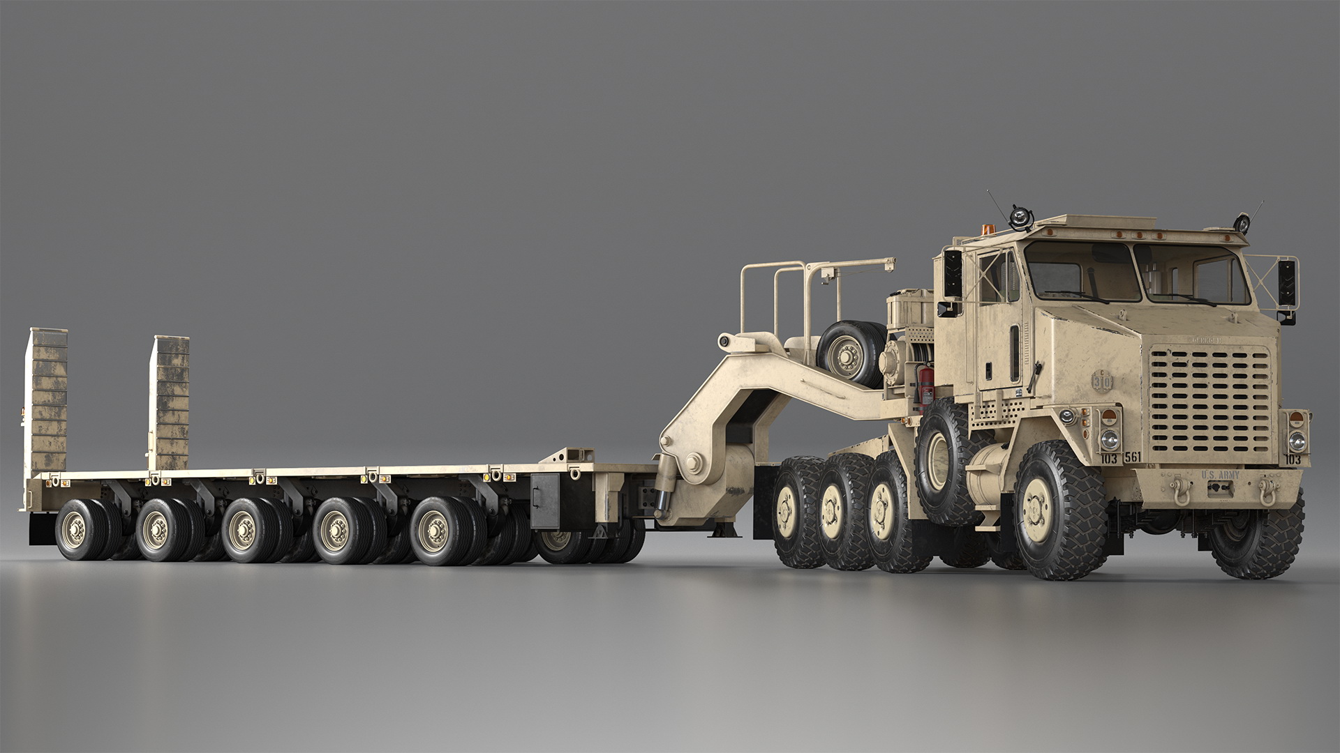 3D model Oshkosh M1070 Truck Tractor with M1000 HET Semi-Trailer Desert Dirty Rigged