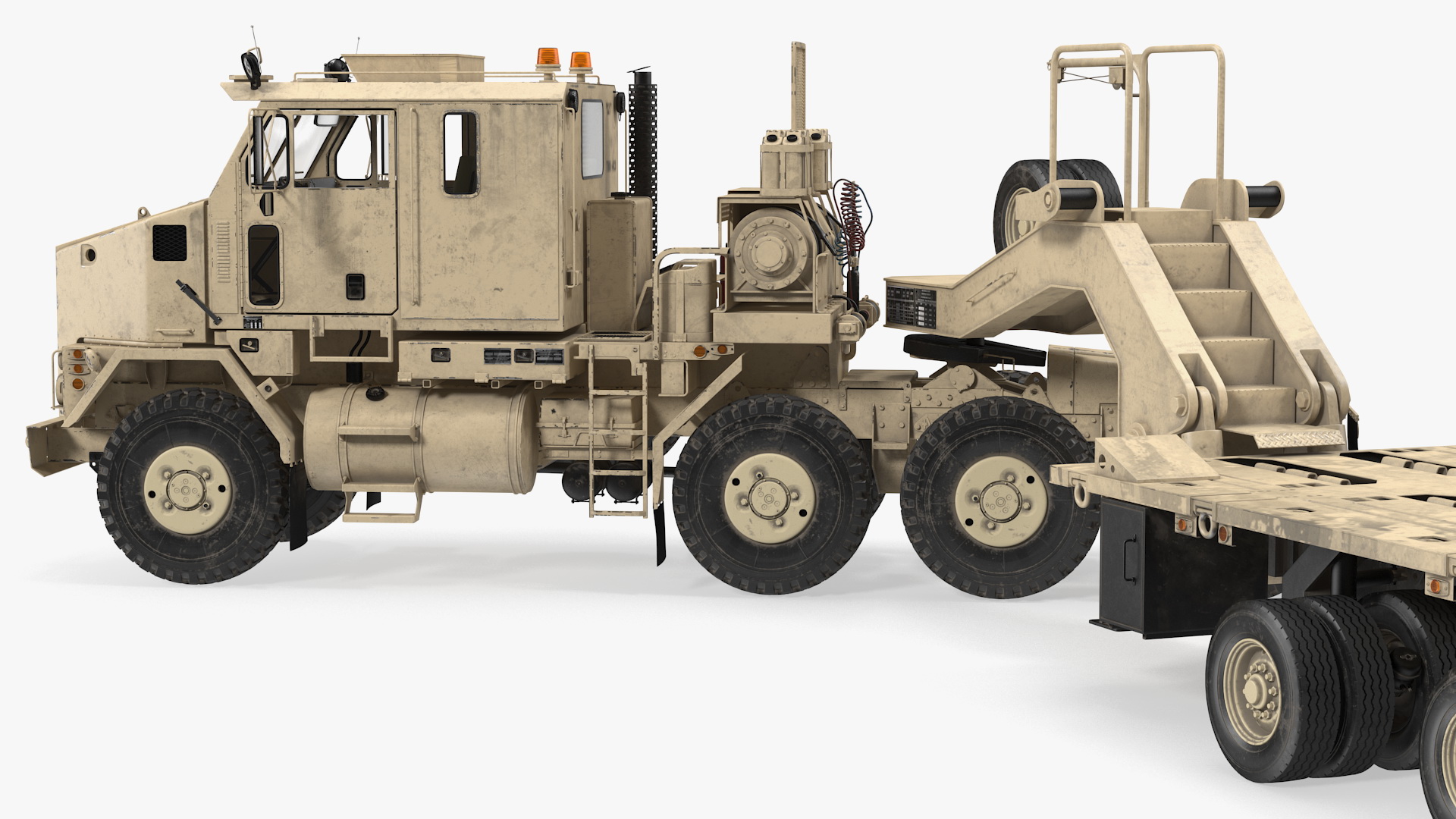 3D model Oshkosh M1070 Truck Tractor with M1000 HET Semi-Trailer Desert Dirty Rigged