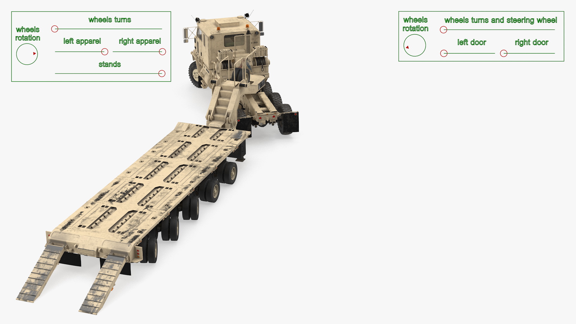 3D model Oshkosh M1070 Truck Tractor with M1000 HET Semi-Trailer Desert Dirty Rigged