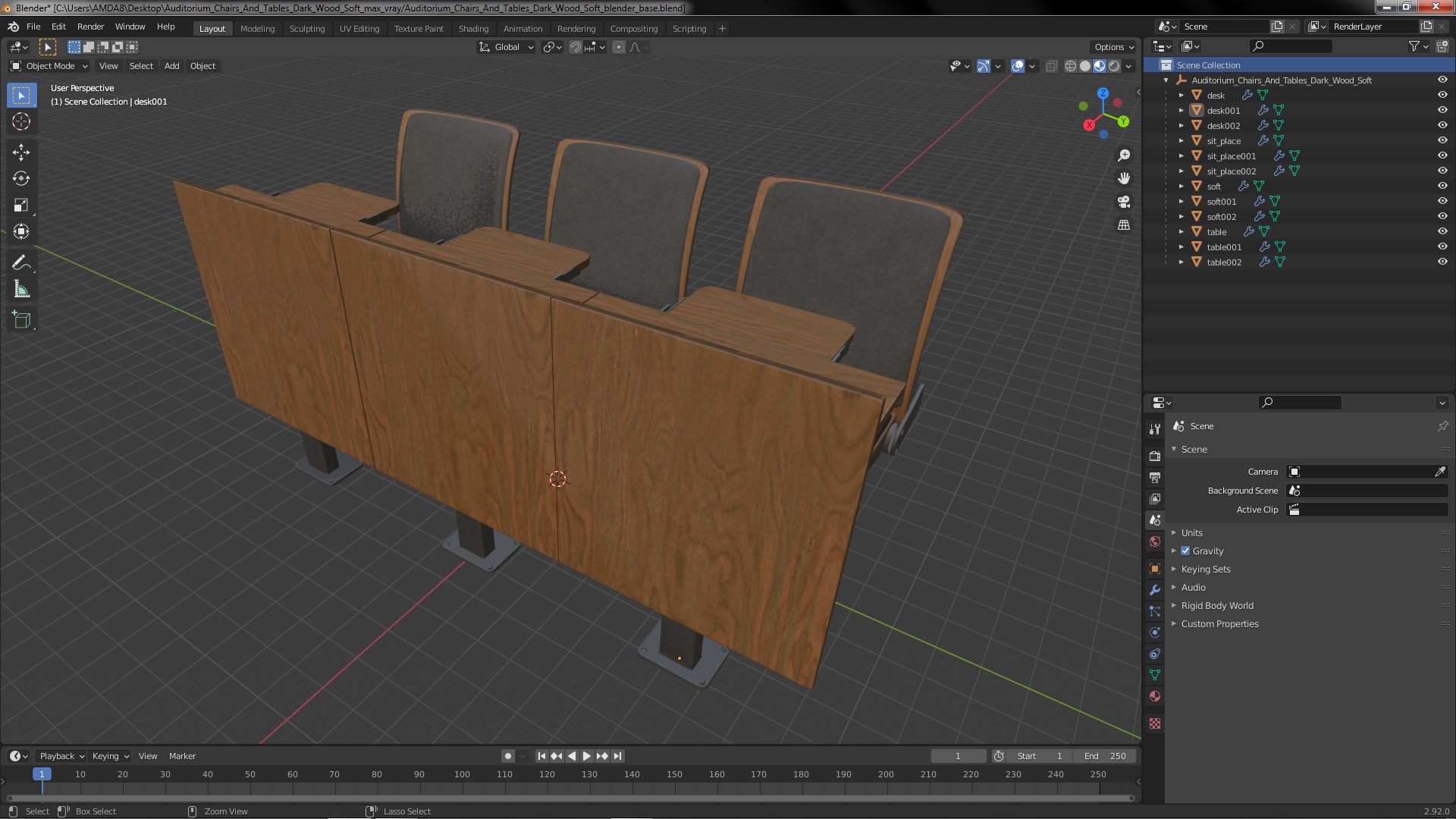 3D Auditorium Chairs And Tables Dark Wood Soft model