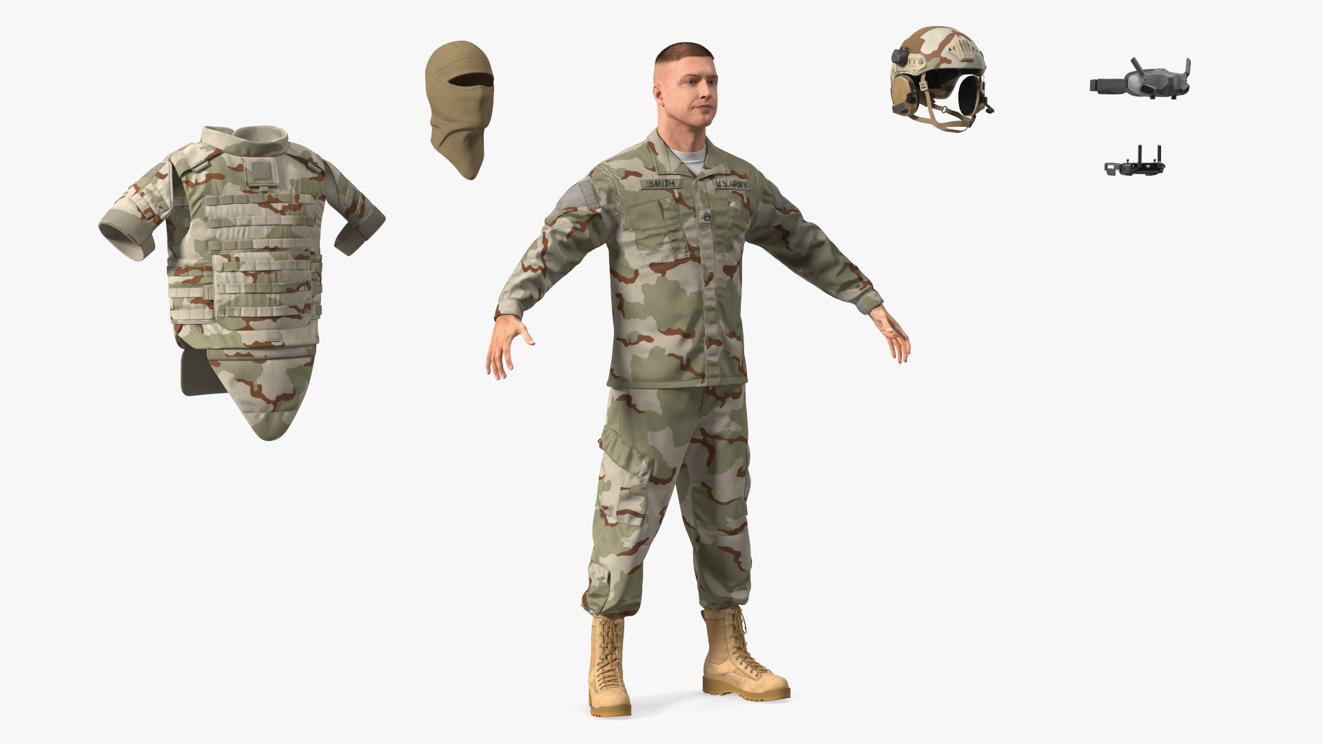 FPV Drone Military Operator in Desert Camouflage Uniform Fur Rigged 3D