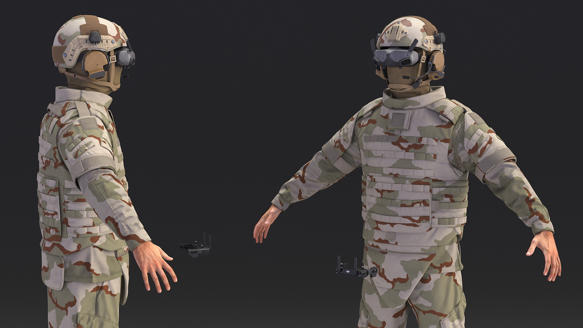 FPV Drone Military Operator in Desert Camouflage Uniform Fur Rigged 3D