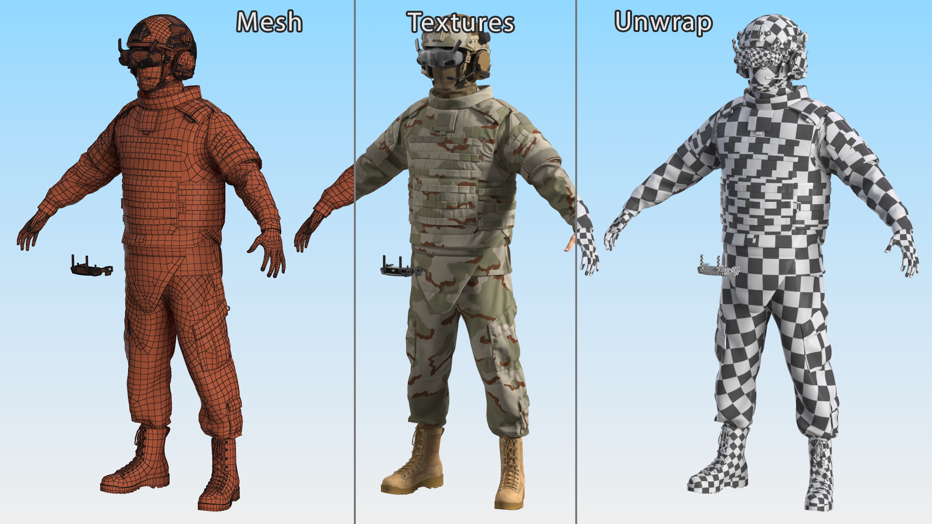 FPV Drone Military Operator in Desert Camouflage Uniform Fur Rigged 3D