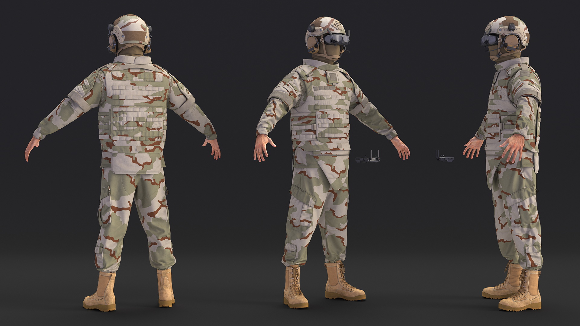 FPV Drone Military Operator in Desert Camouflage Uniform Fur Rigged 3D