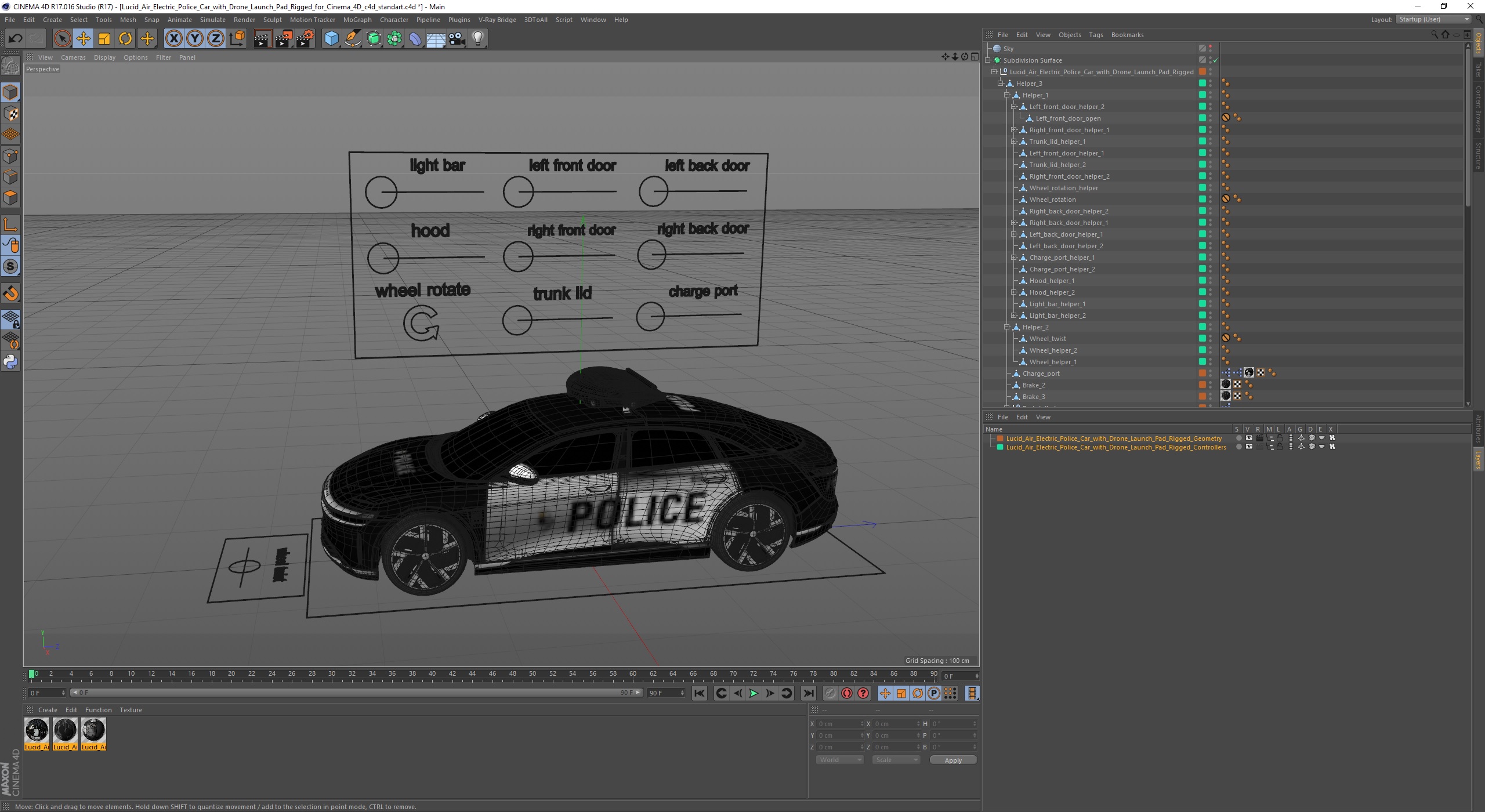 Lucid Air Electric Police Car with Drone Launch Pad Rigged for Cinema 4D 3D