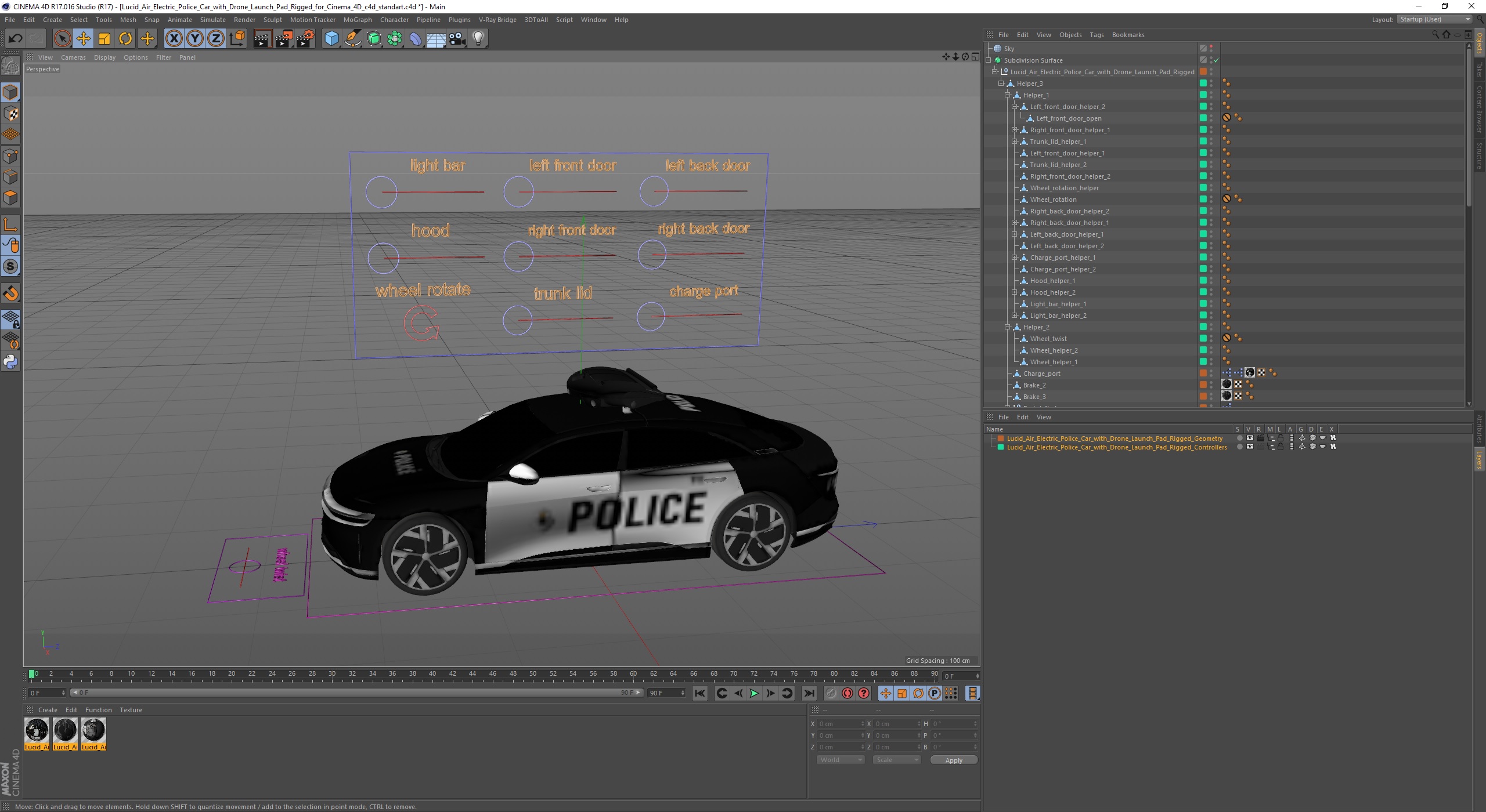 Lucid Air Electric Police Car with Drone Launch Pad Rigged for Cinema 4D 3D