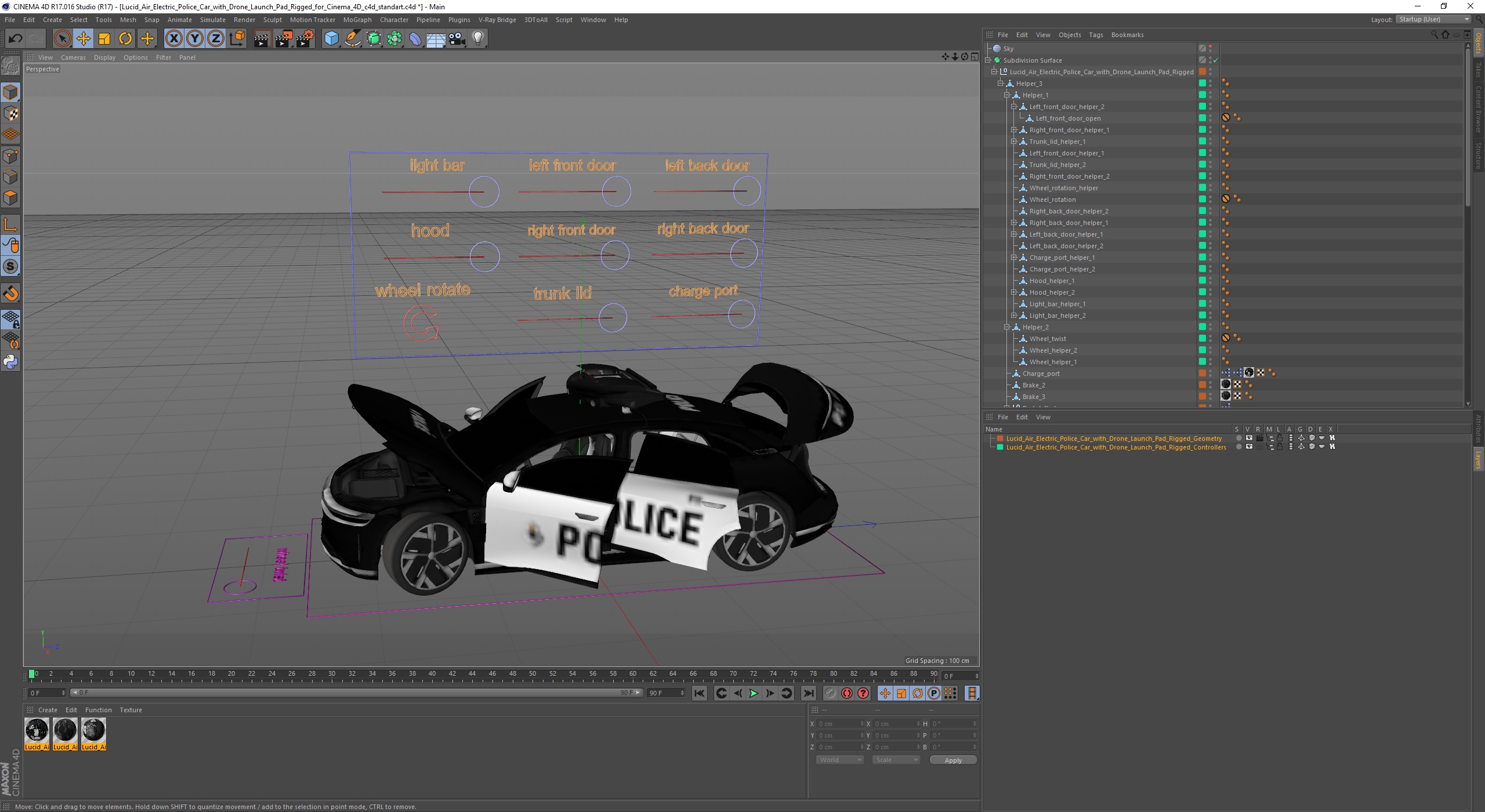 Lucid Air Electric Police Car with Drone Launch Pad Rigged for Cinema 4D 3D