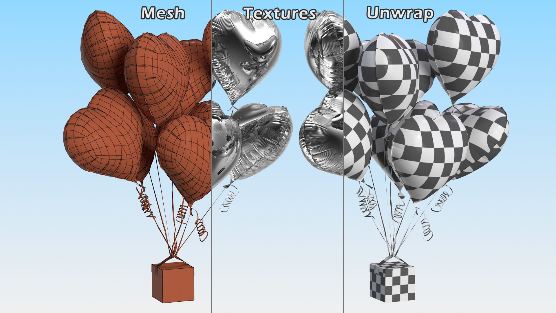 3D Bouquet of Silver Heart Balloons with Gift Box