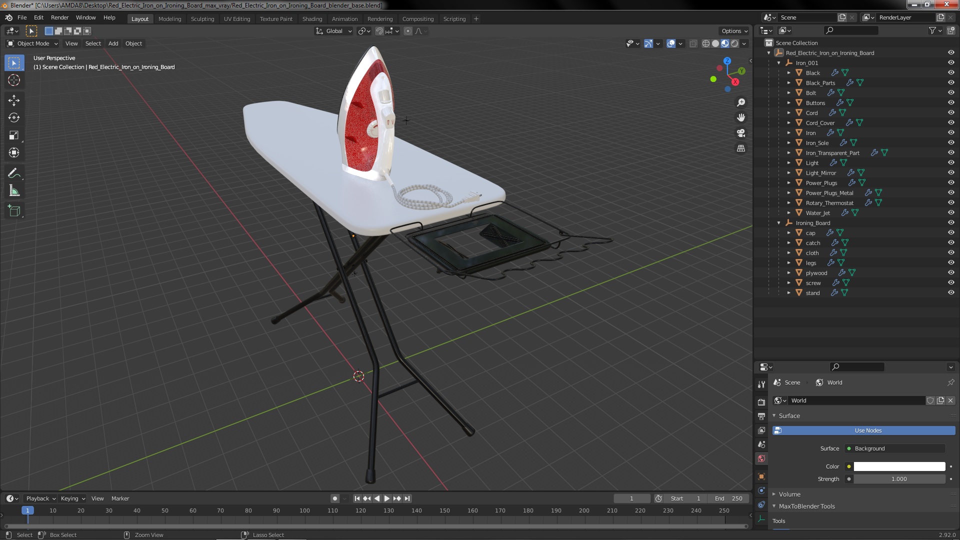 Red Electric Iron on Ironing Board 3D model