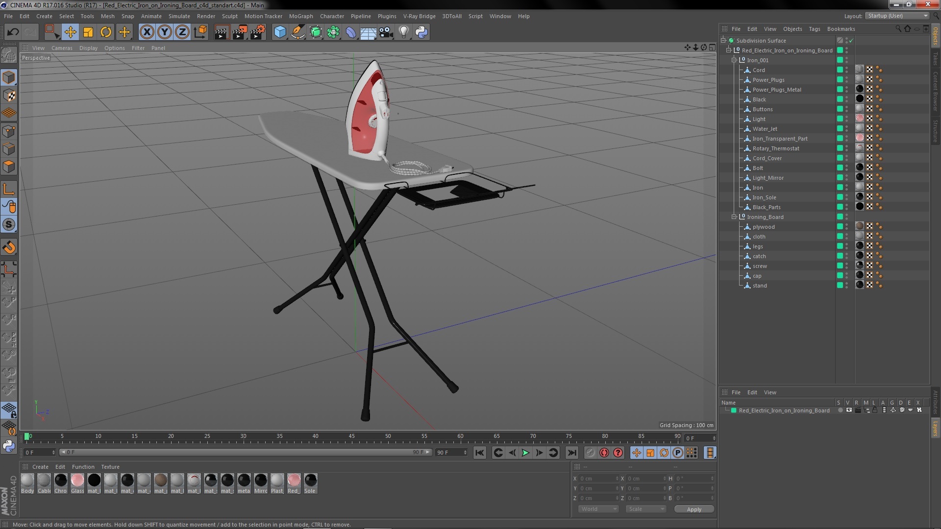 Red Electric Iron on Ironing Board 3D model