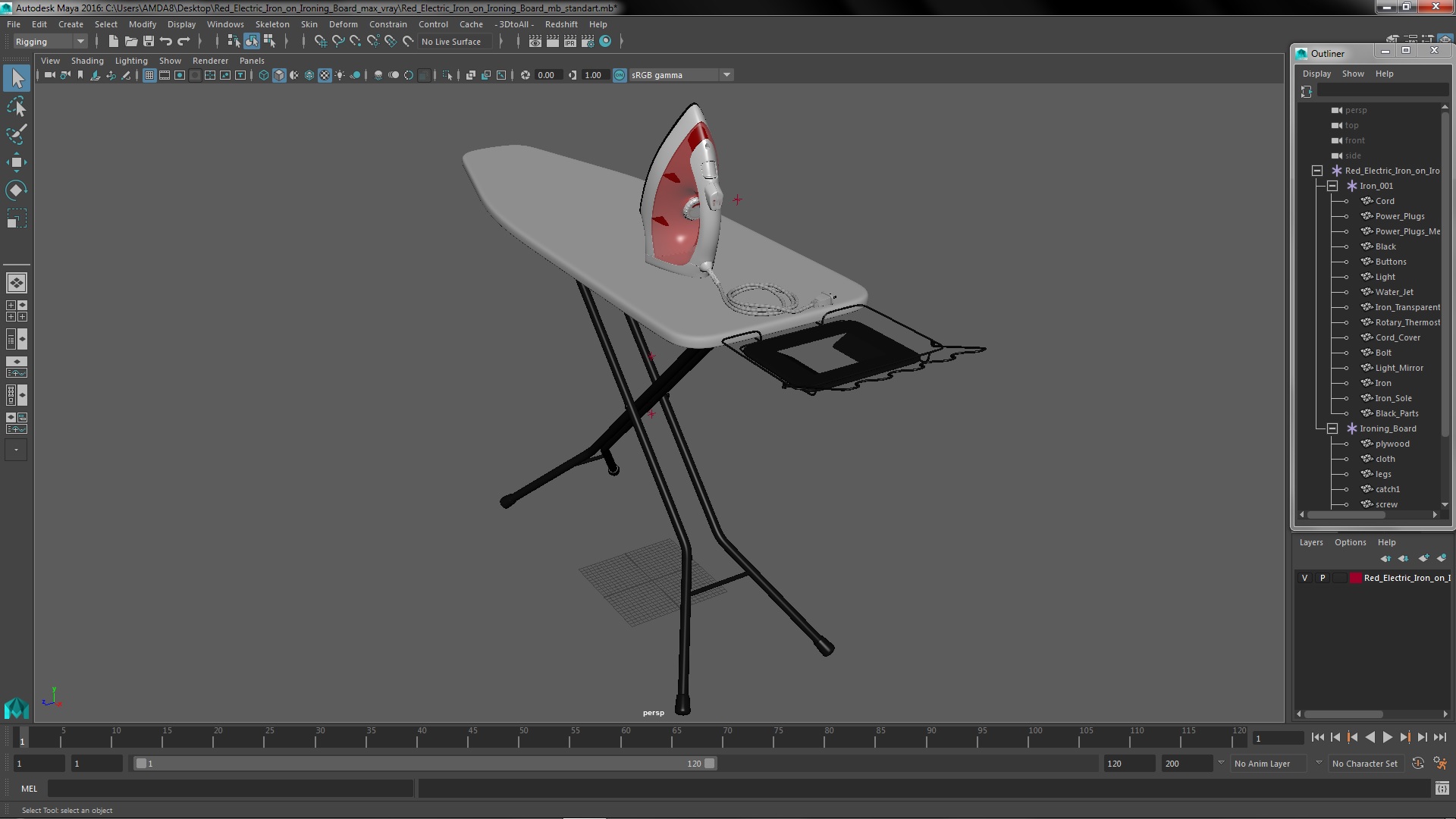 Red Electric Iron on Ironing Board 3D model
