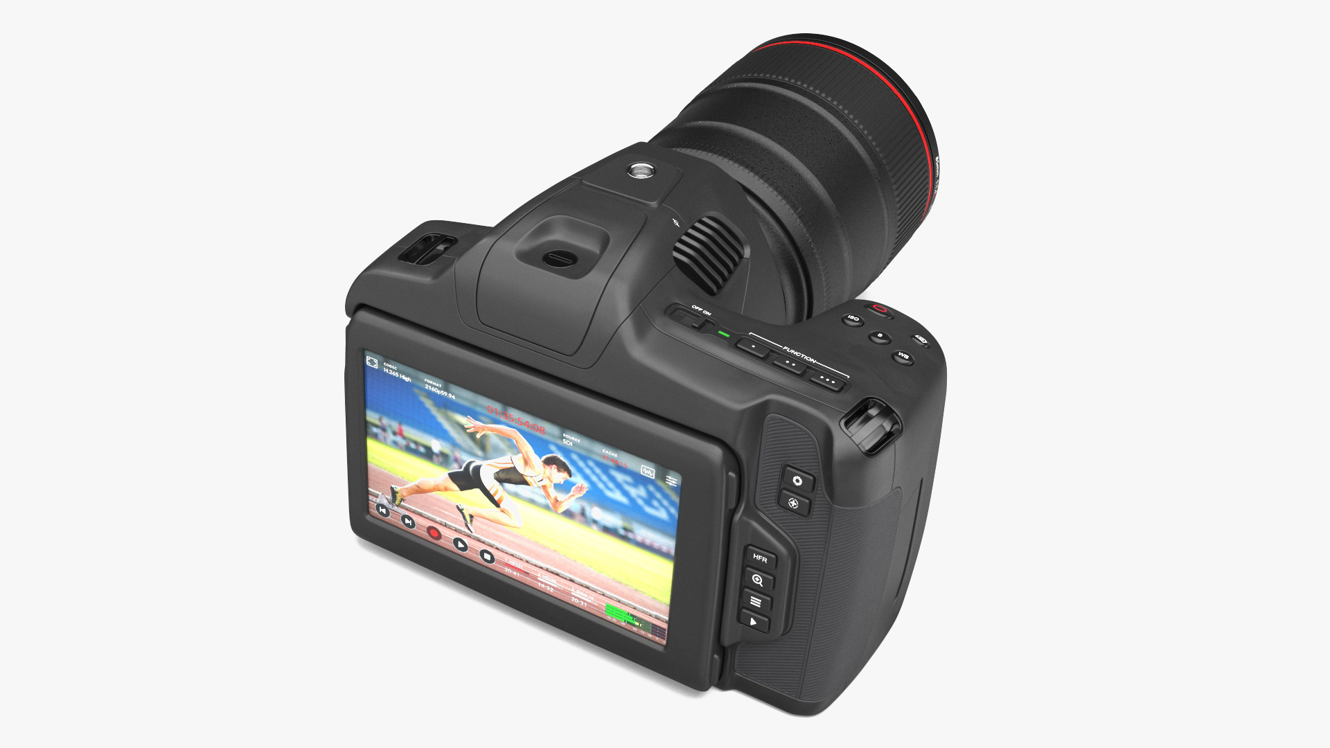 3D model Modern Professional Camera Light On with Lens