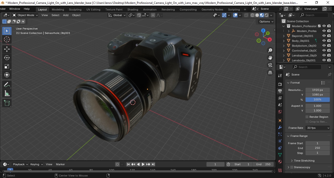 3D model Modern Professional Camera Light On with Lens