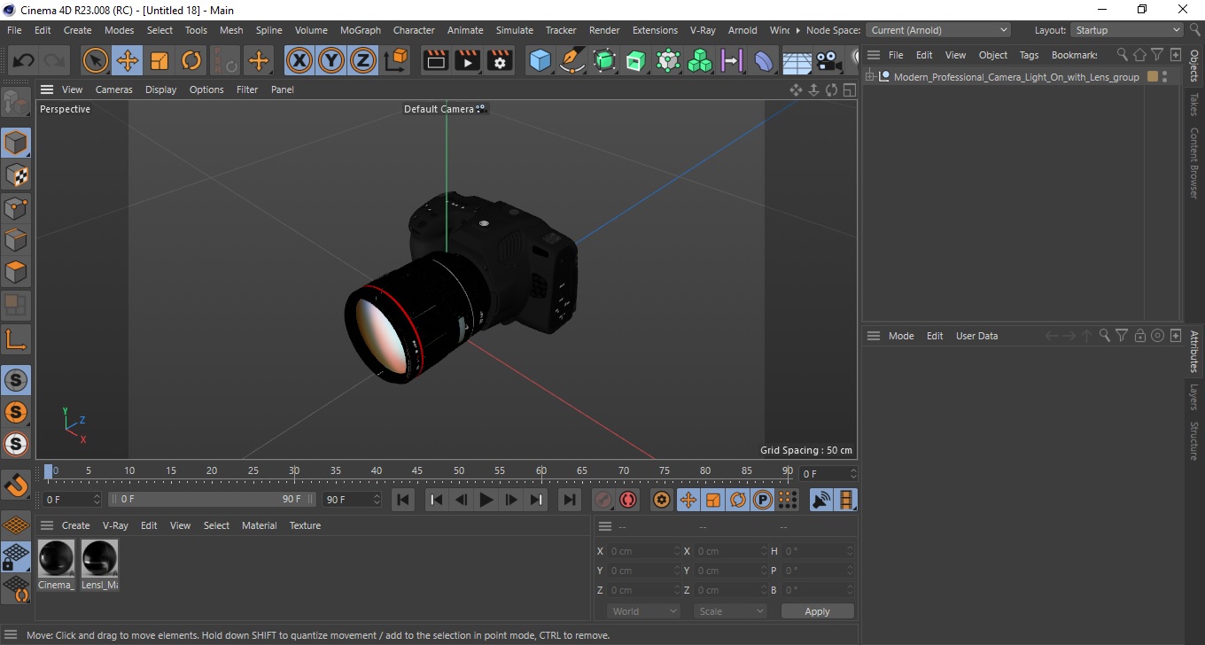 3D model Modern Professional Camera Light On with Lens