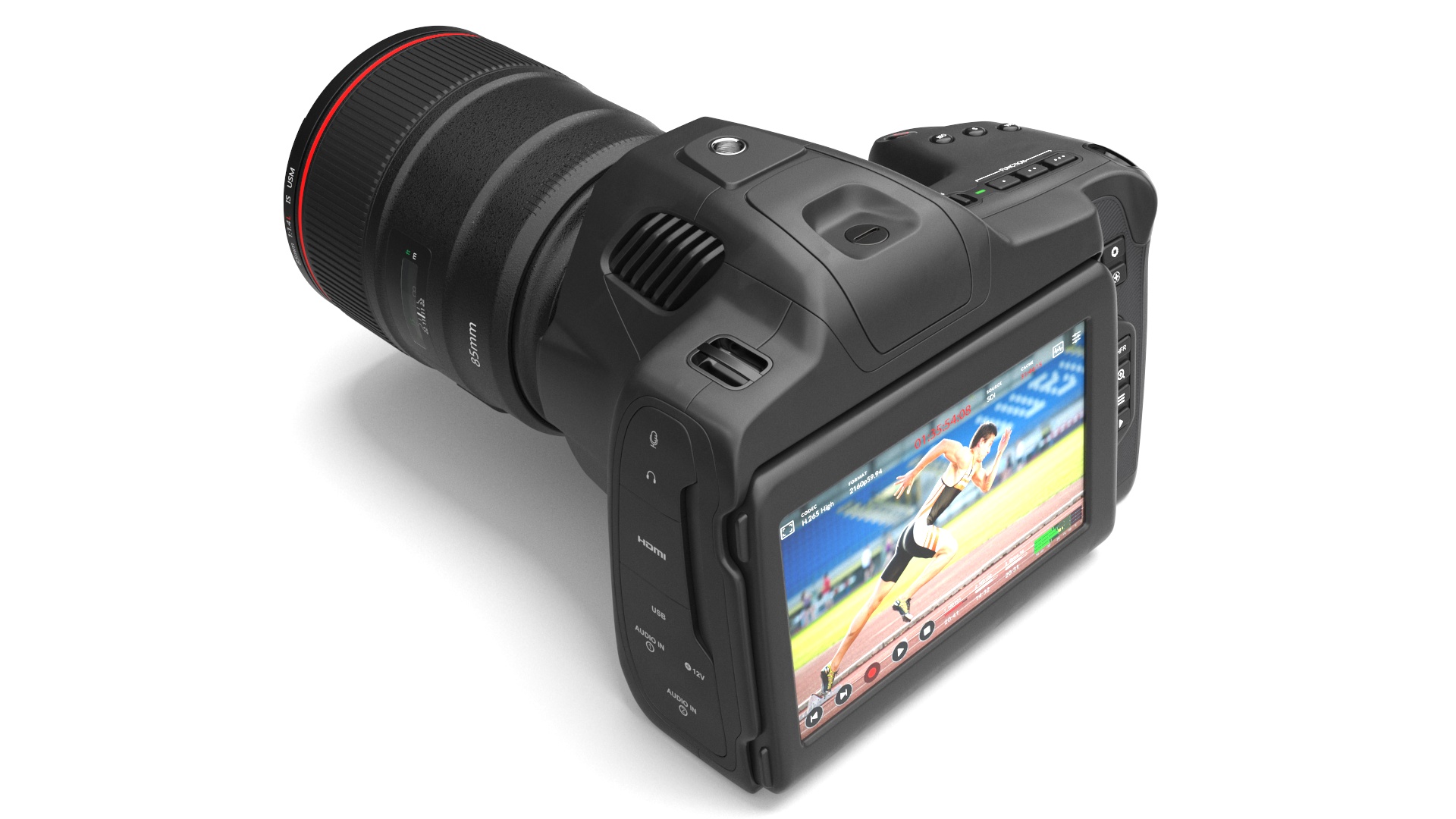 3D model Modern Professional Camera Light On with Lens