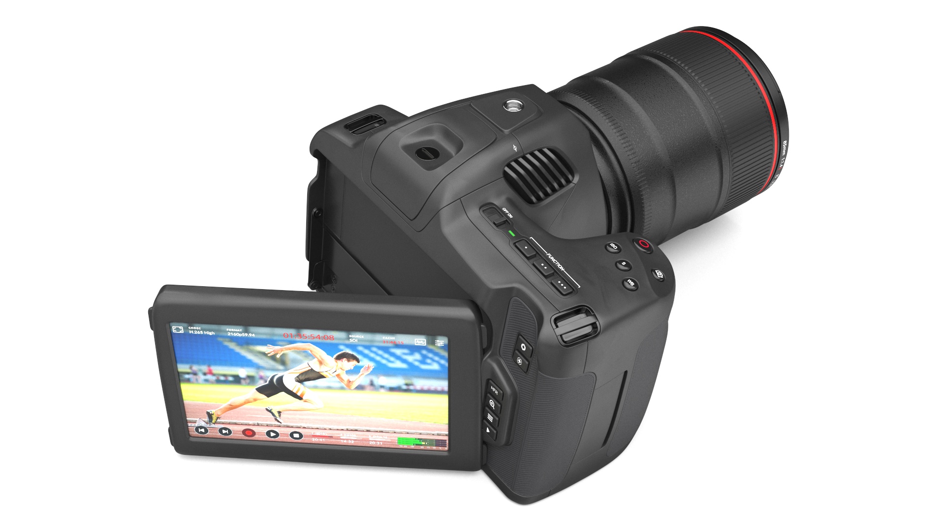 3D model Modern Professional Camera Light On with Lens
