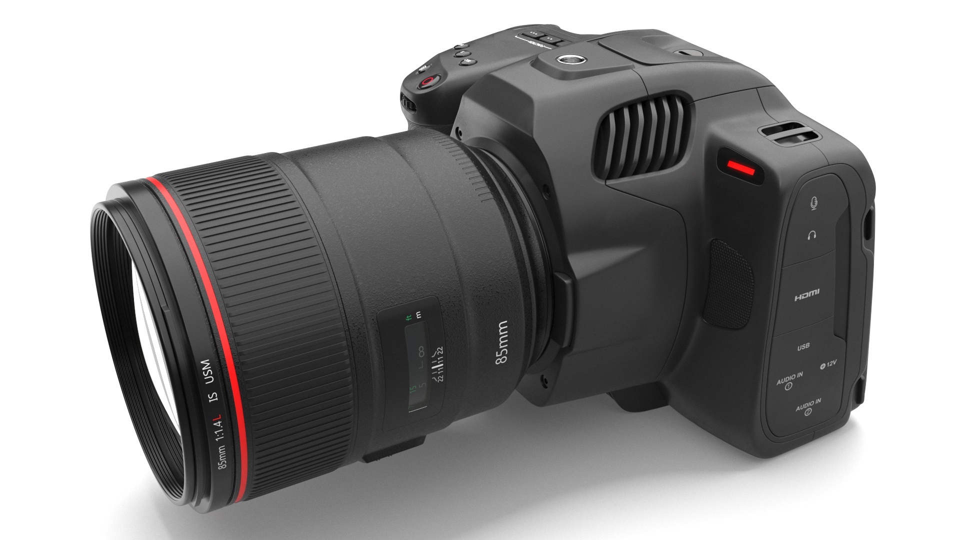 3D model Modern Professional Camera Light On with Lens