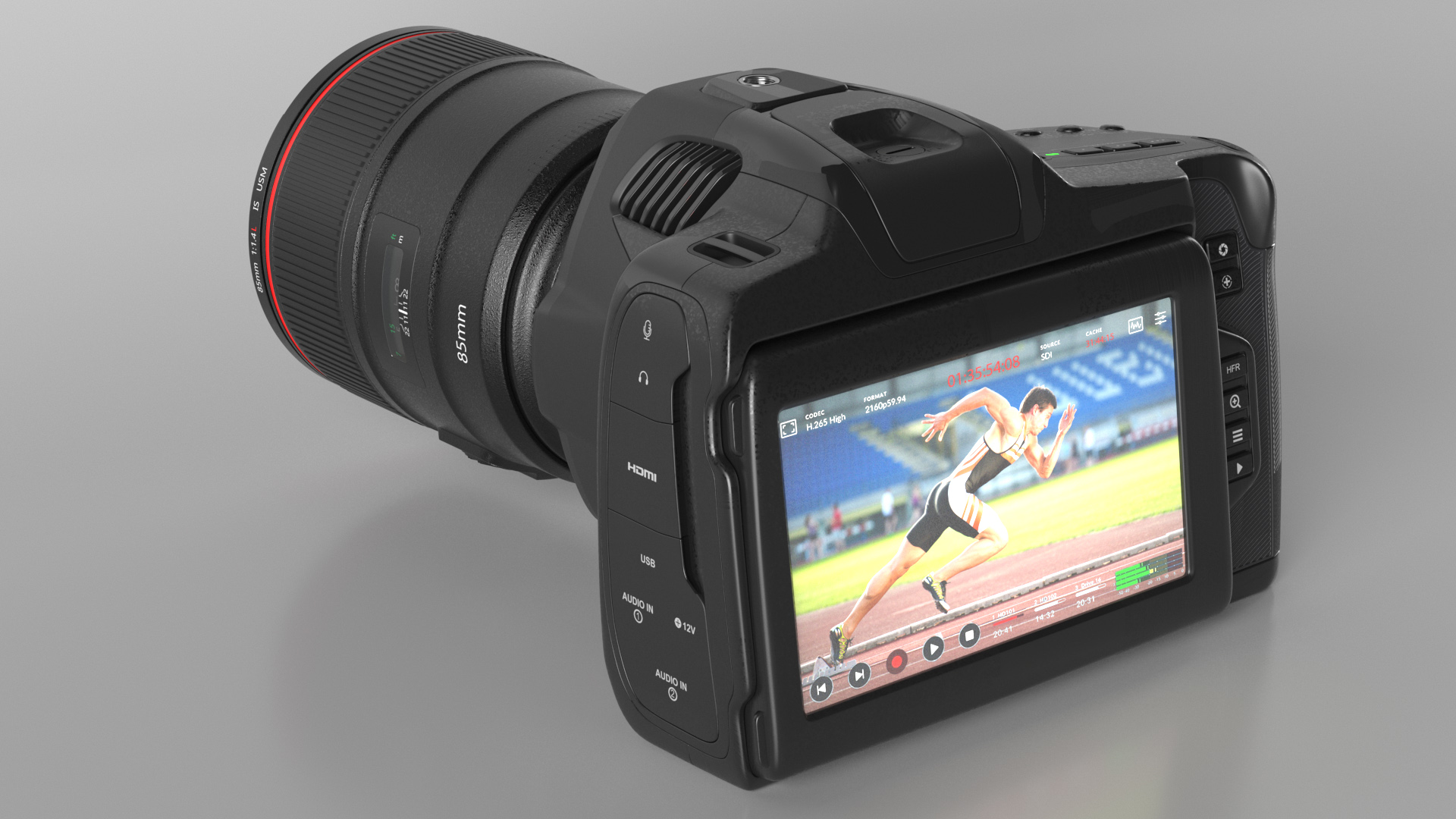 3D model Modern Professional Camera Light On with Lens