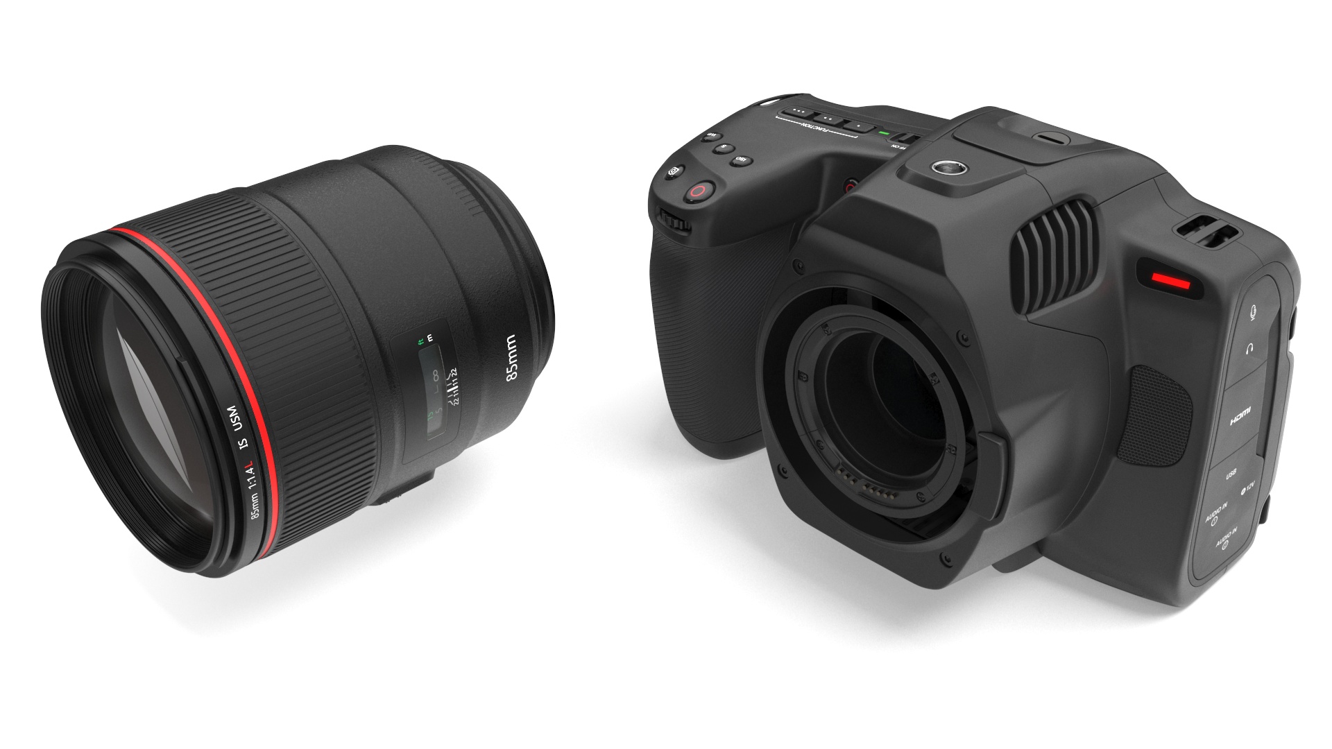 3D model Modern Professional Camera Light On with Lens