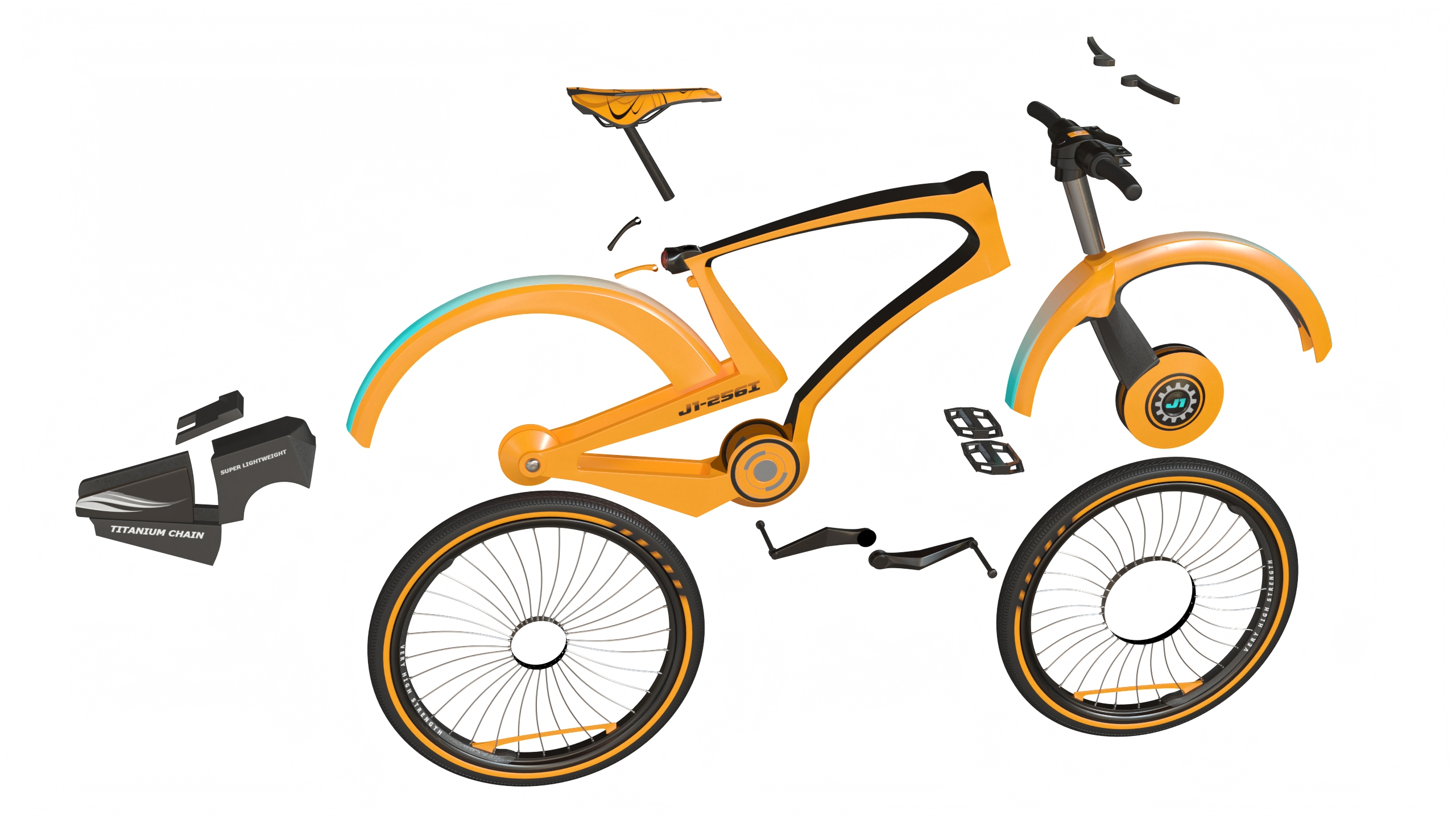 3D Futuristic Urban Bicycle Orange Rigged model