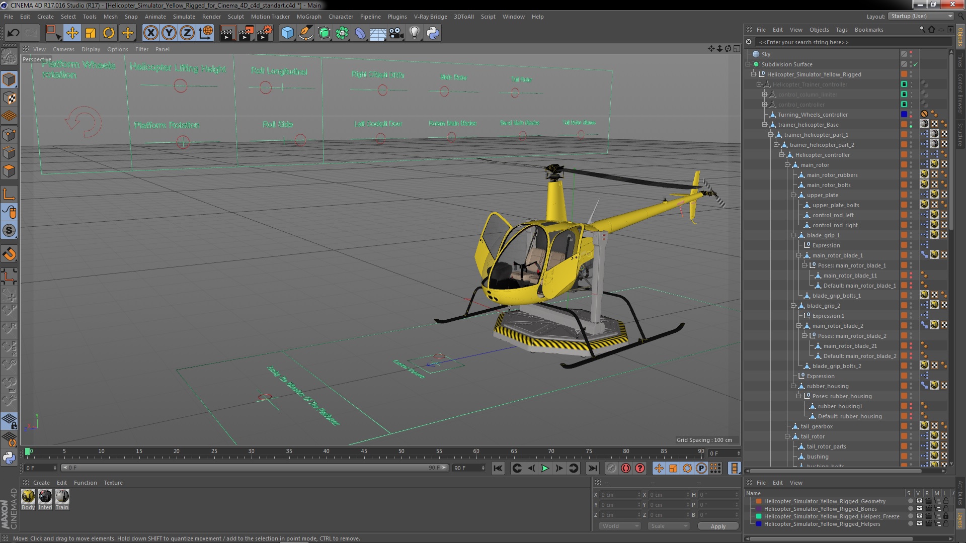 3D Helicopter Simulator Yellow Rigged for Cinema 4D model