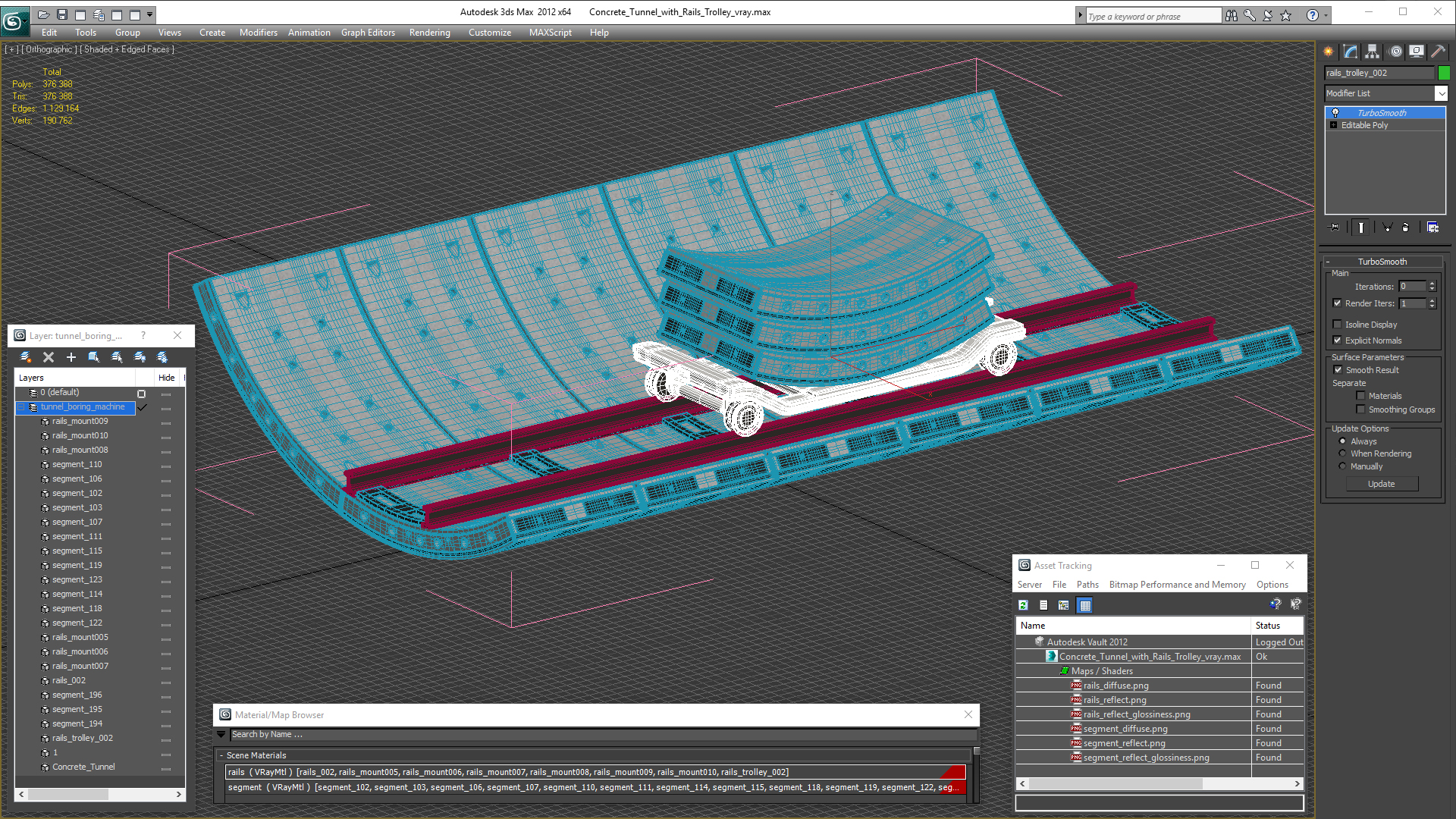 Concrete Tunnel with Rails Trolley 3D model