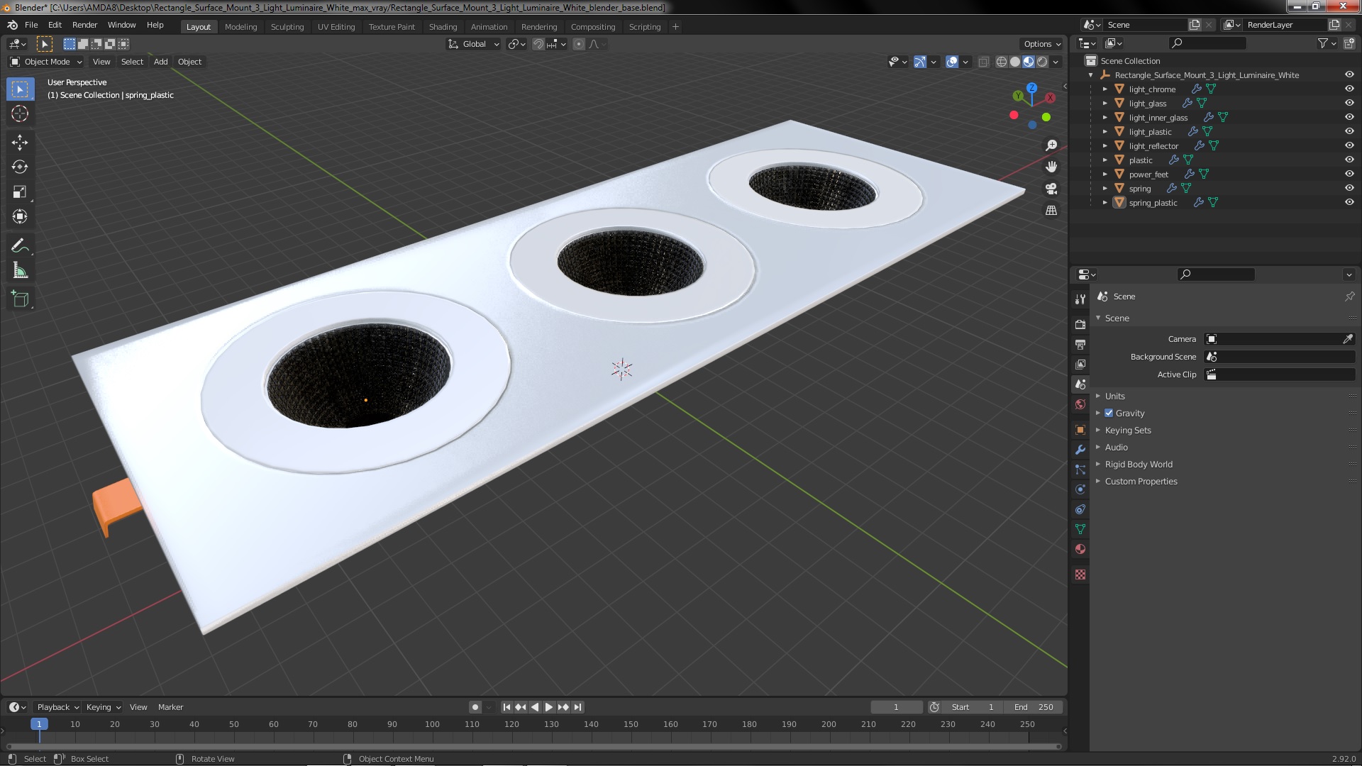 Rectangle Surface Mount 3 Light Luminaire White 3D