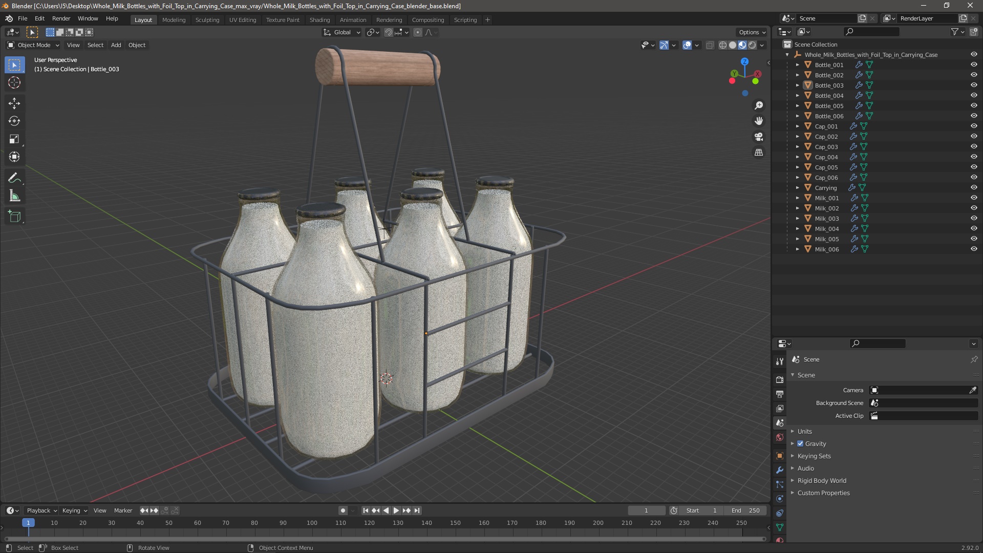 Whole Milk Bottles with Foil Top in Carrying Case 3D model