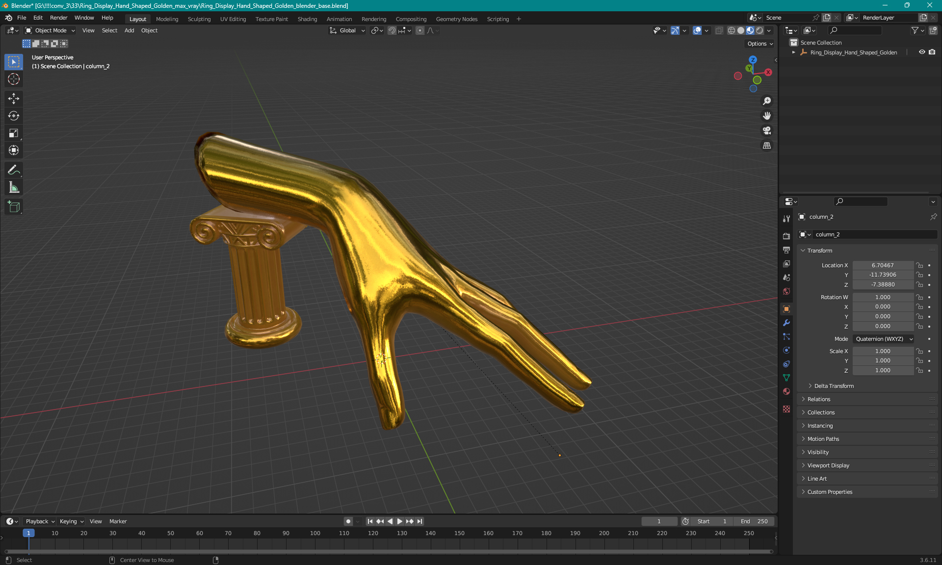 3D Ring Display Hand Shaped Golden