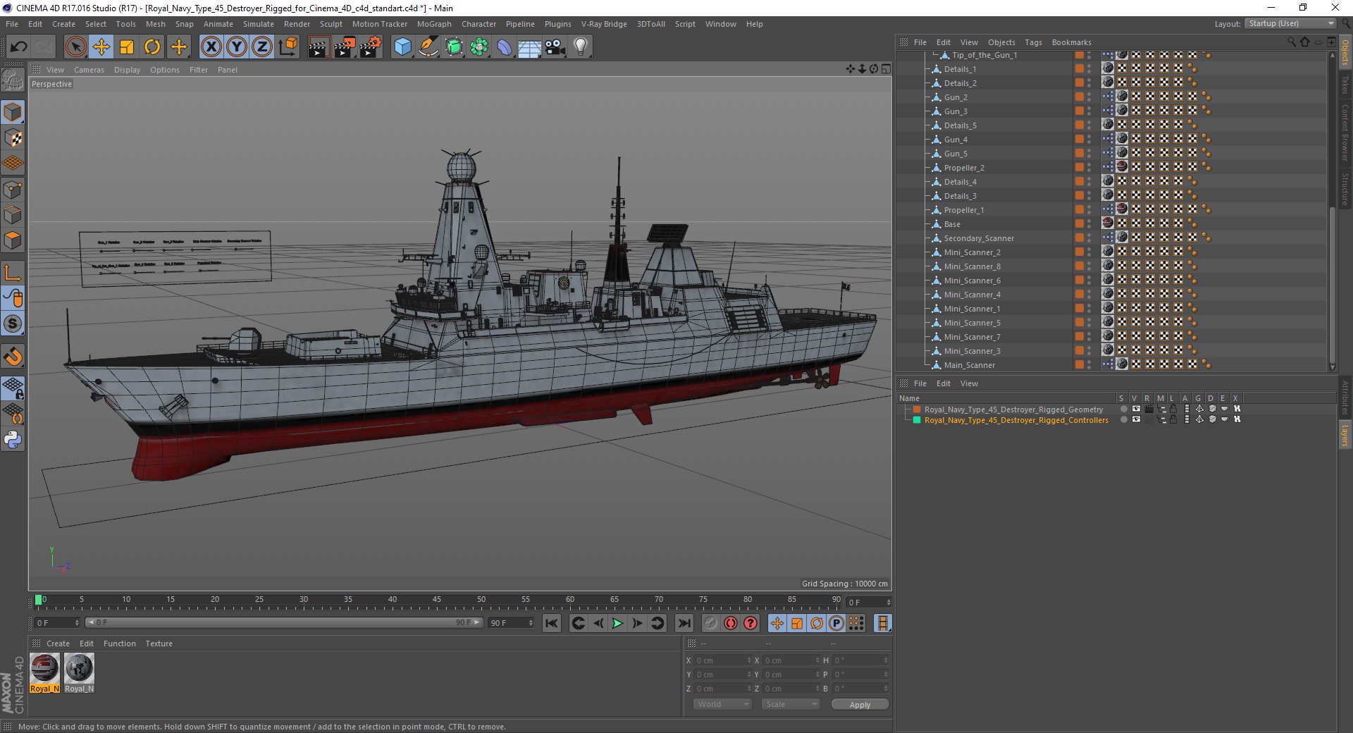 Royal Navy Type 45 Destroyer Rigged for Cinema 4D 3D model