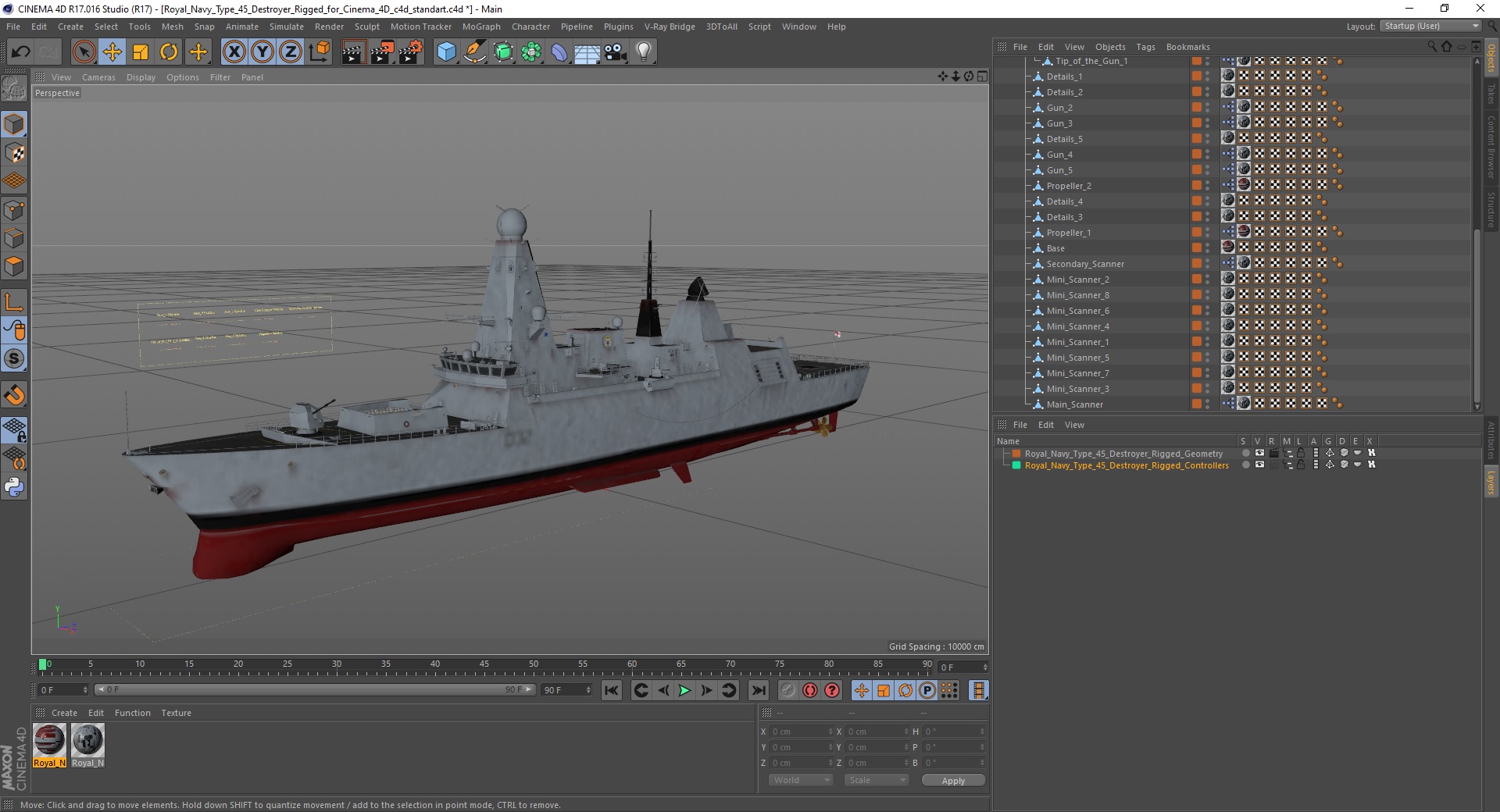 Royal Navy Type 45 Destroyer Rigged for Cinema 4D 3D model