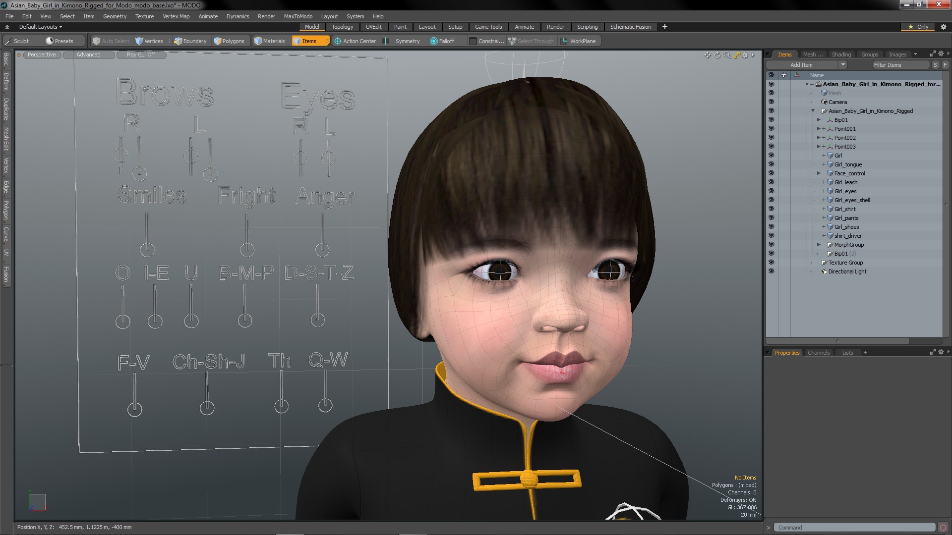 3D Asian Baby Girl in Kimono Rigged for Modo