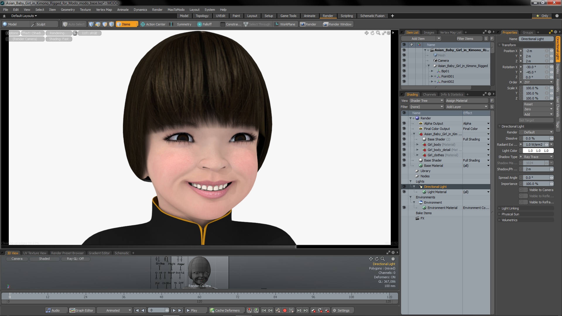 3D Asian Baby Girl in Kimono Rigged for Modo