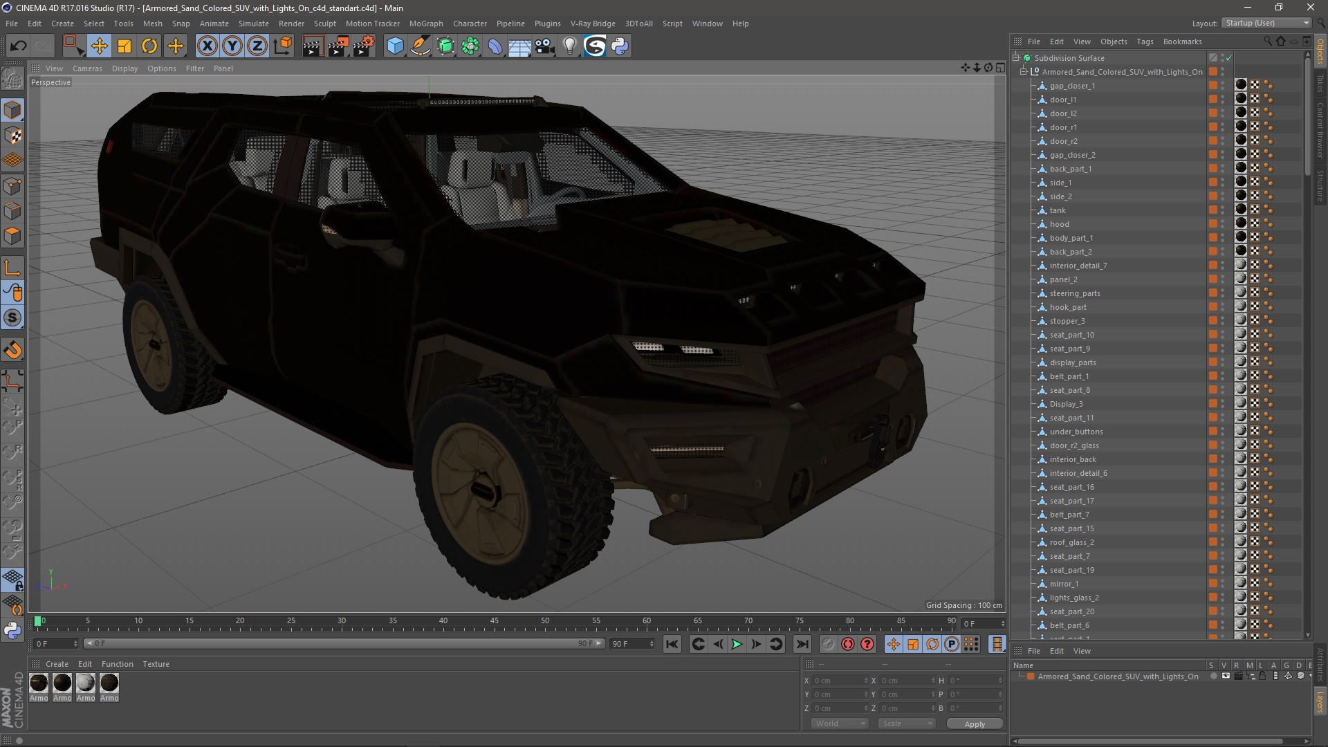 Armored Sand Colored SUV with Lights On 3D model