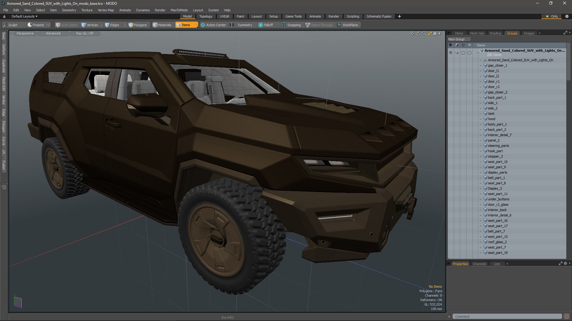 Armored Sand Colored SUV with Lights On 3D model