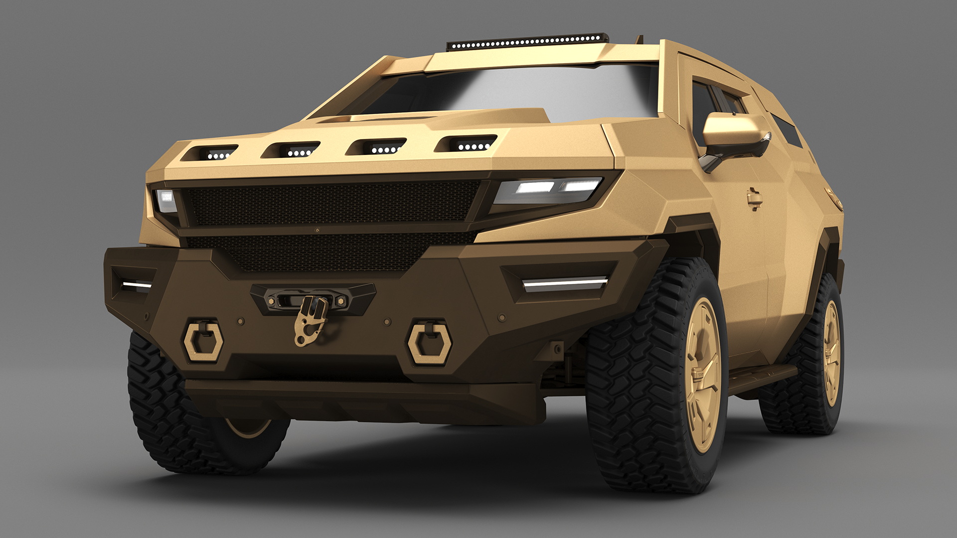 Armored Sand Colored SUV with Lights On 3D model