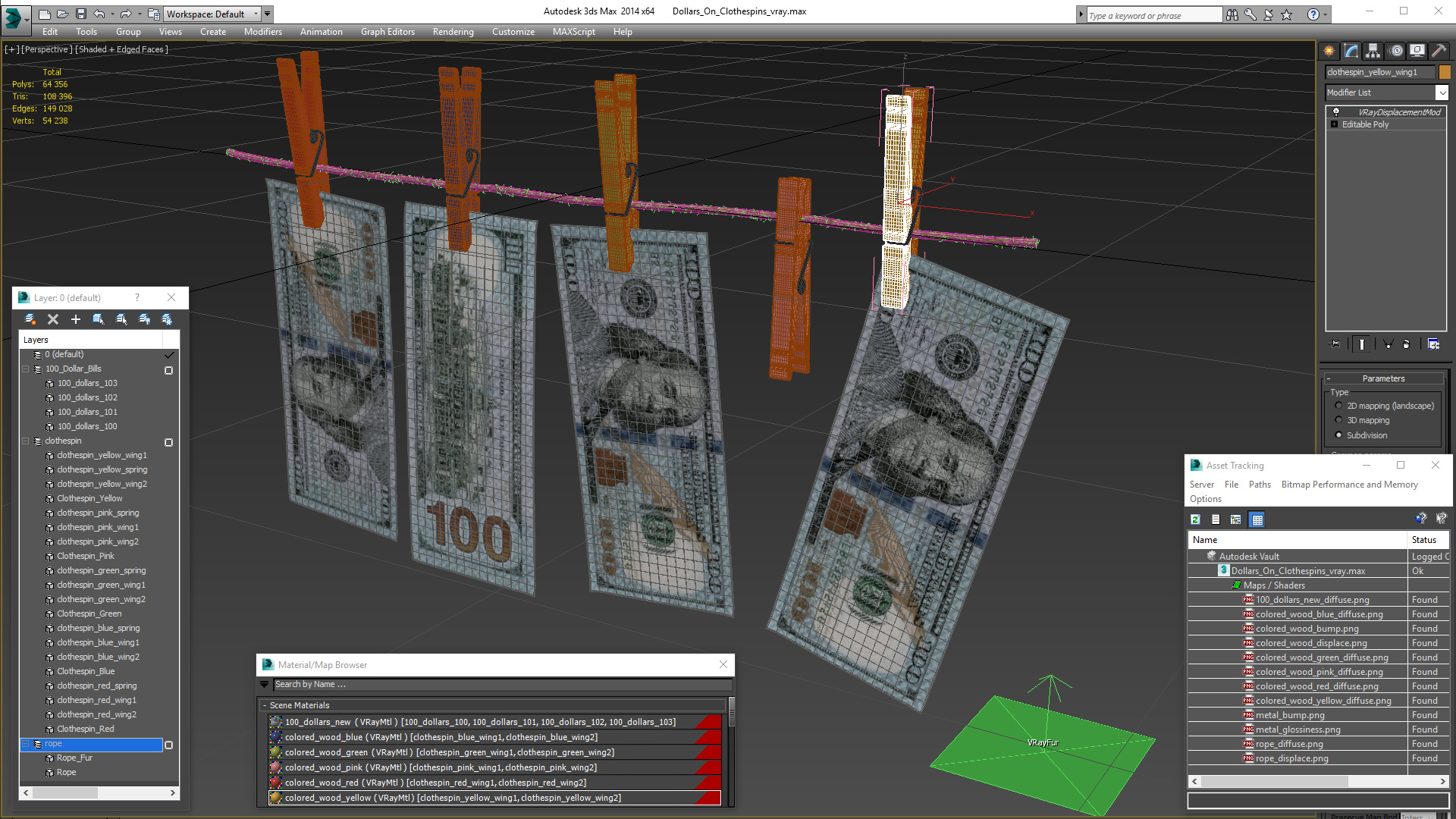 Dollars On Clothespins 3D