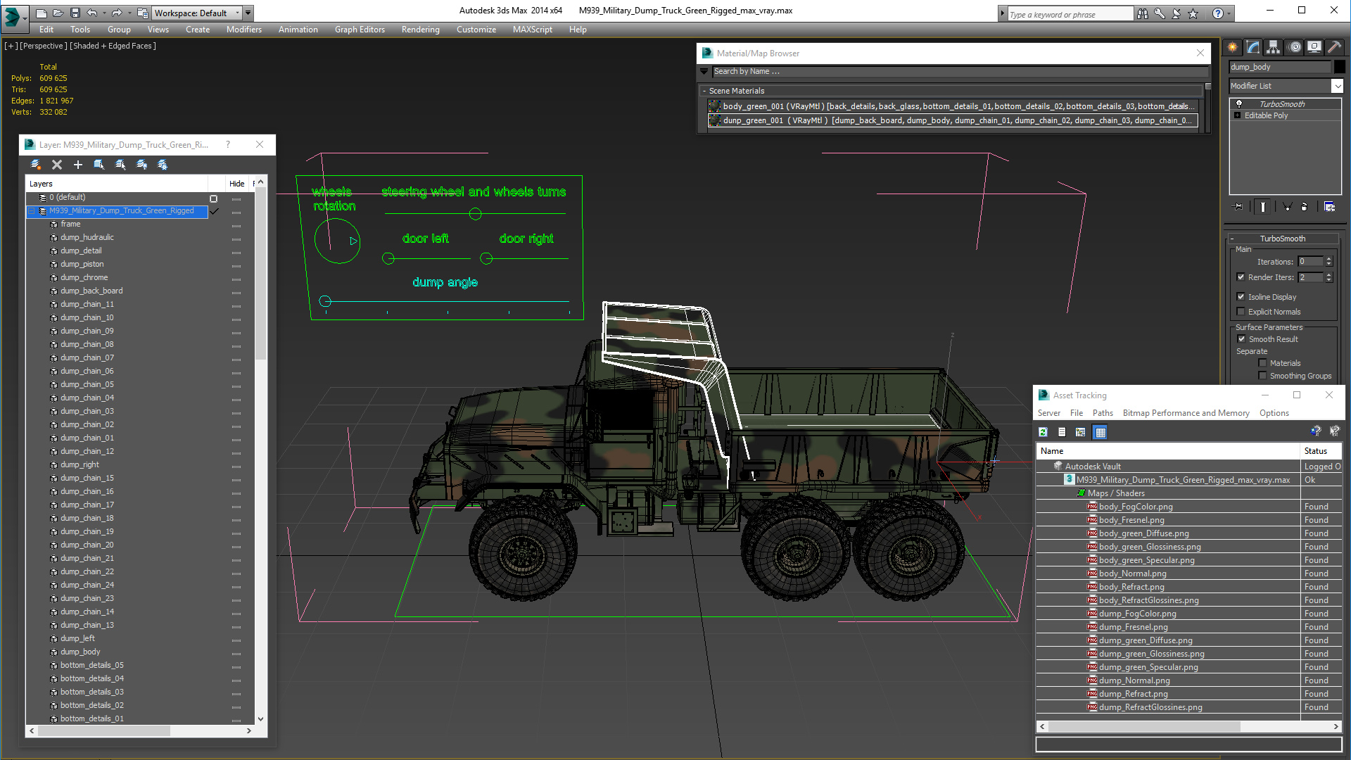 M939 Military Dump Truck Green Rigged 3D