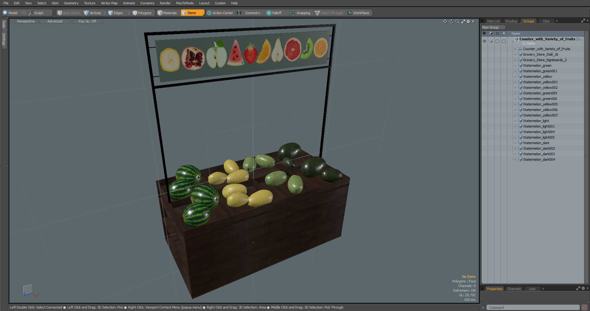 3D model Counter with Variety of Fruits