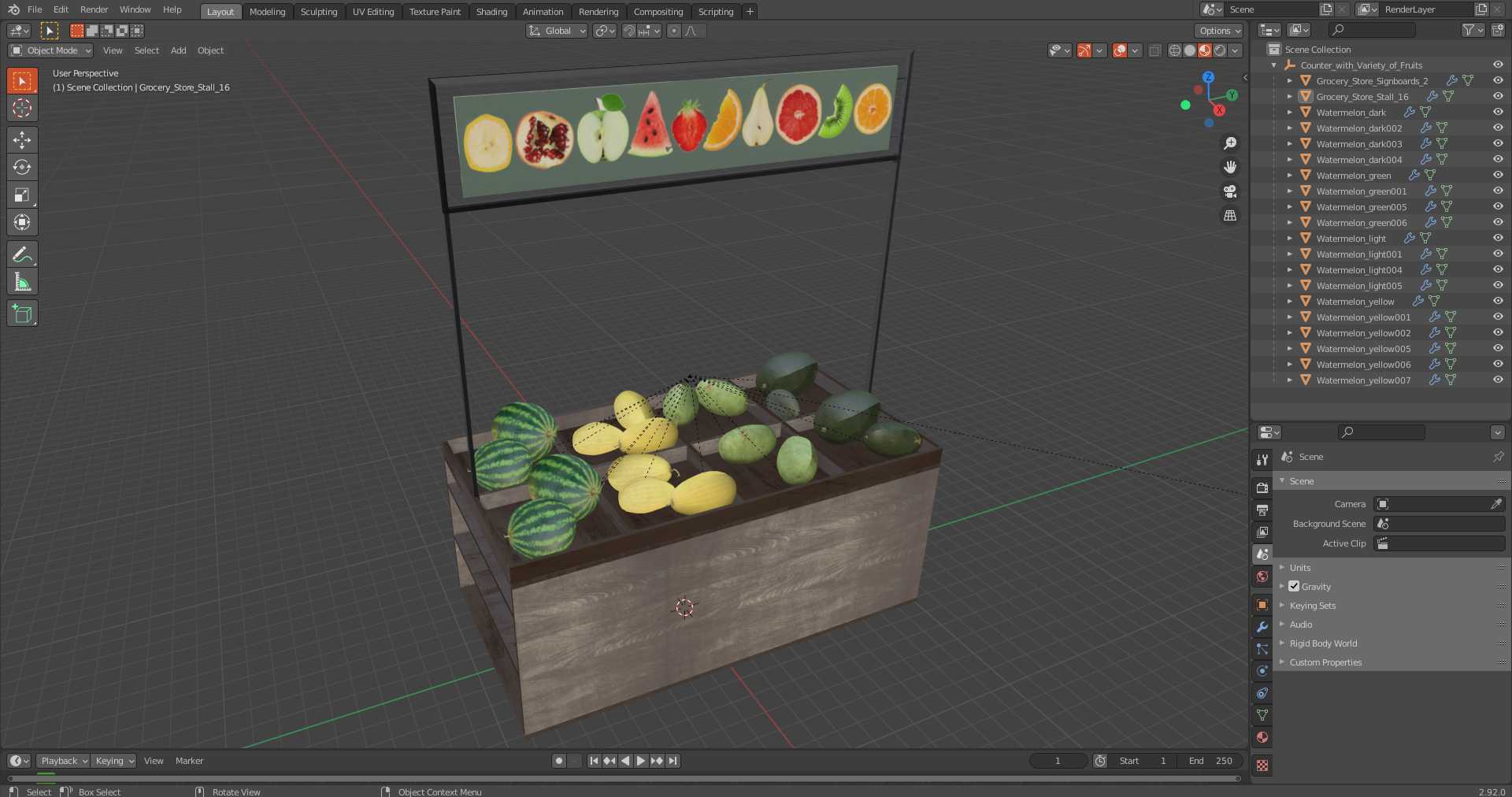 3D model Counter with Variety of Fruits