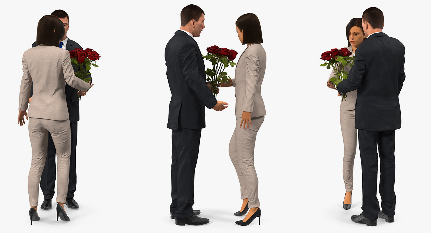 Rigged Man and Woman With White Roses 3D