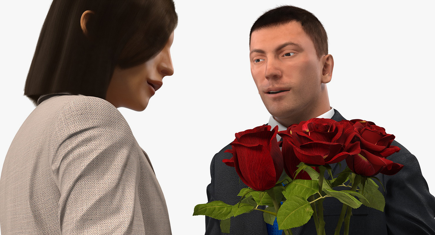 Rigged Man and Woman With White Roses 3D