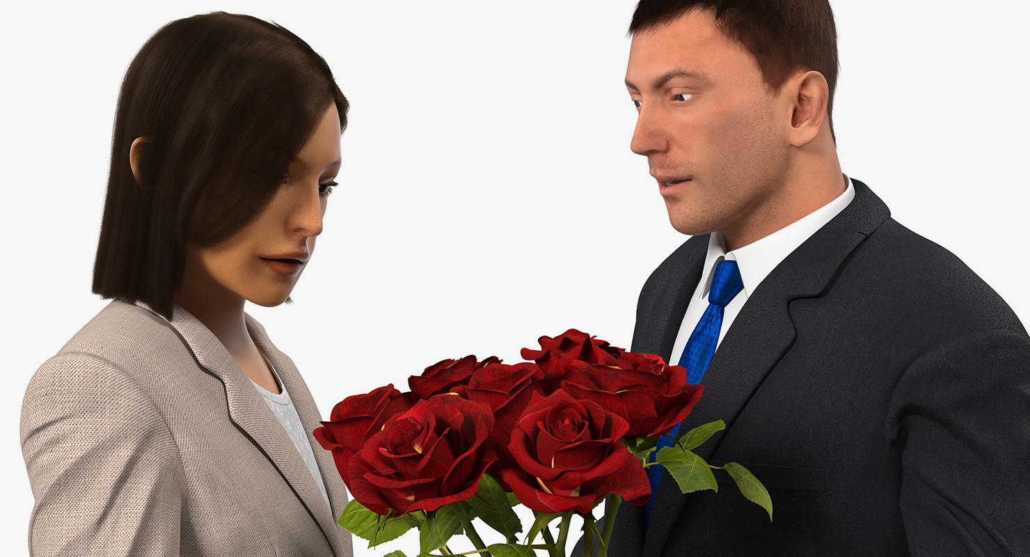 Rigged Man and Woman With White Roses 3D