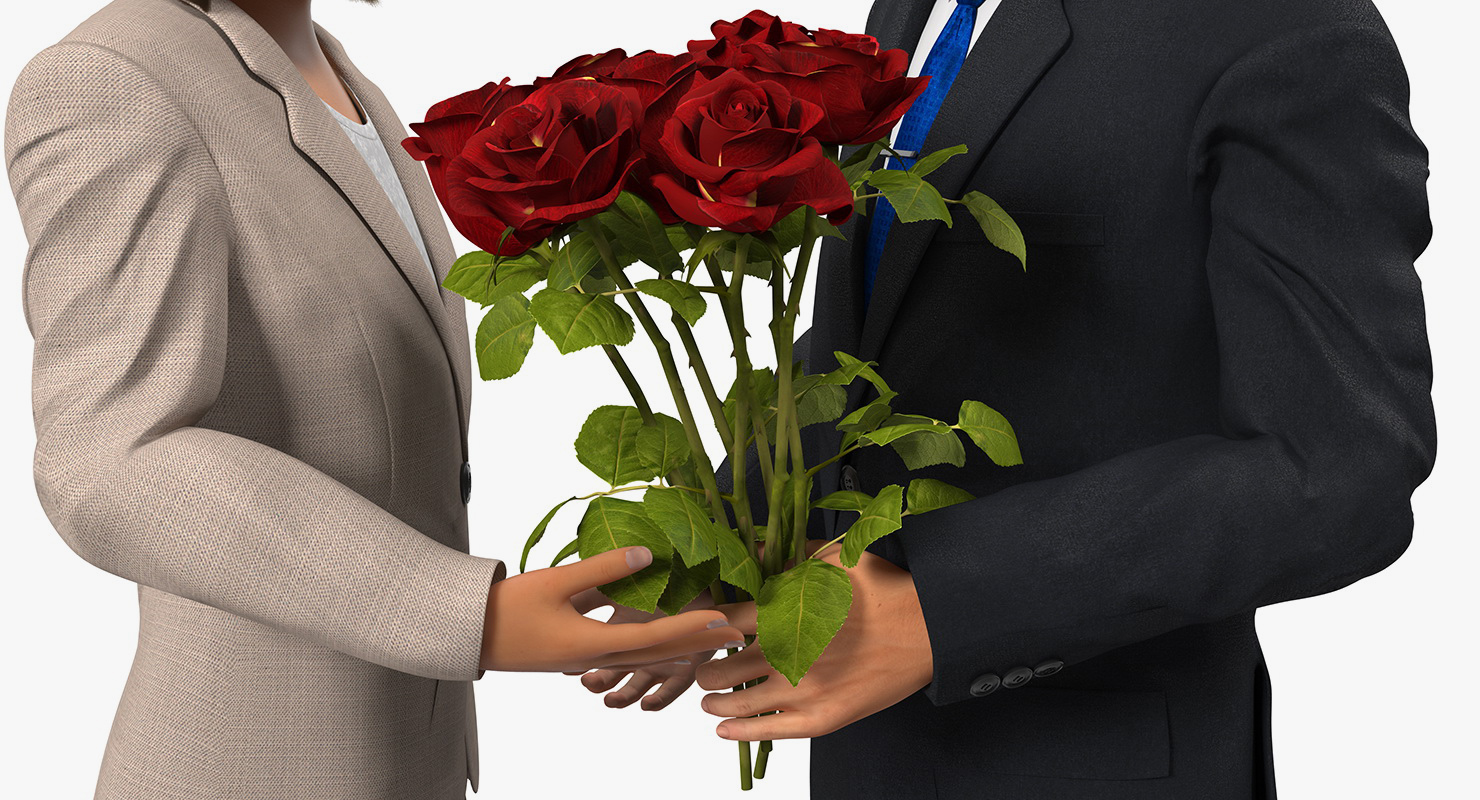 Rigged Man and Woman With White Roses 3D