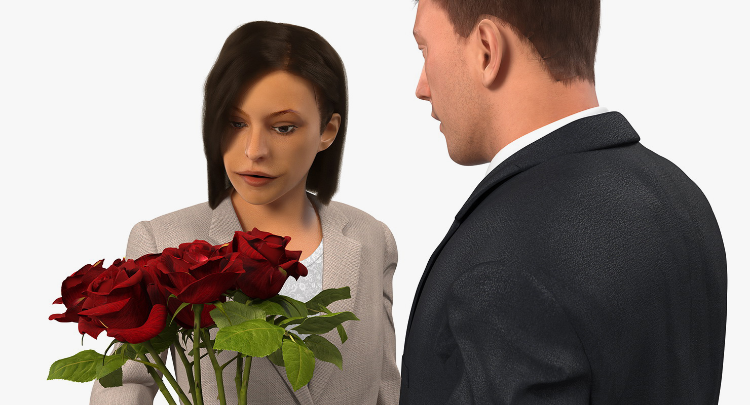 Rigged Man and Woman With White Roses 3D